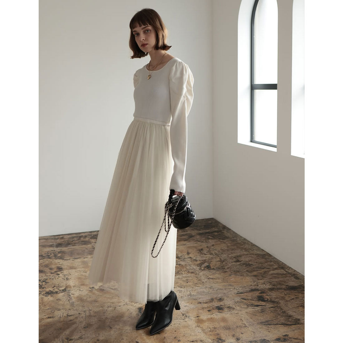 ミズム MEISM [2023A/W COLLECTION][MEISM by Re:EDIT][低身長サイズ有]チュールドッキングニットワンピース