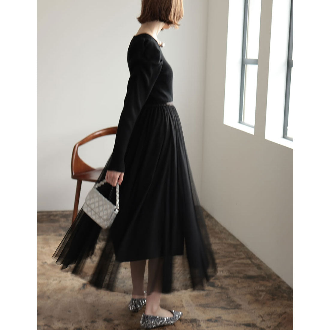ミズム MEISM [2023A/W COLLECTION][MEISM by Re:EDIT][低身長サイズ有]チュールドッキングニットワンピース