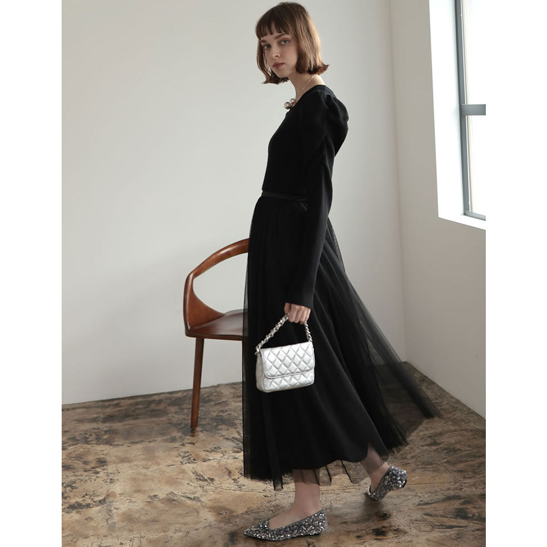 ミズム MEISM [2023A/W COLLECTION][MEISM by Re:EDIT][低身長サイズ有]チュールドッキングニットワンピース