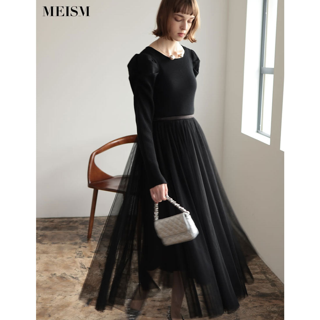 ミズム MEISM [2023A/W COLLECTION][MEISM by Re:EDIT][低身長サイズ有]チュールドッキングニットワンピース