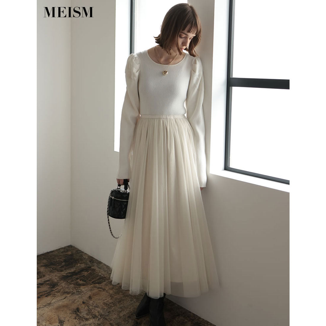 ミズム MEISM [2023A/W COLLECTION][MEISM by Re:EDIT][低身長サイズ有]チュールドッキングニットワンピース