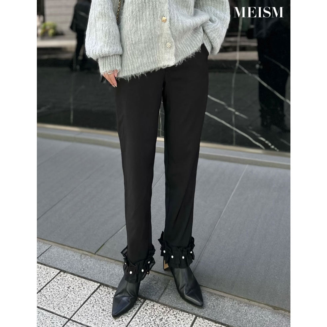 ミズム MEISM [2023A/W COLLECTION][MEISM by Re:EDIT][低身長/高身長サイズ有]パール付き裾切り替えフリルテーパードパンツ