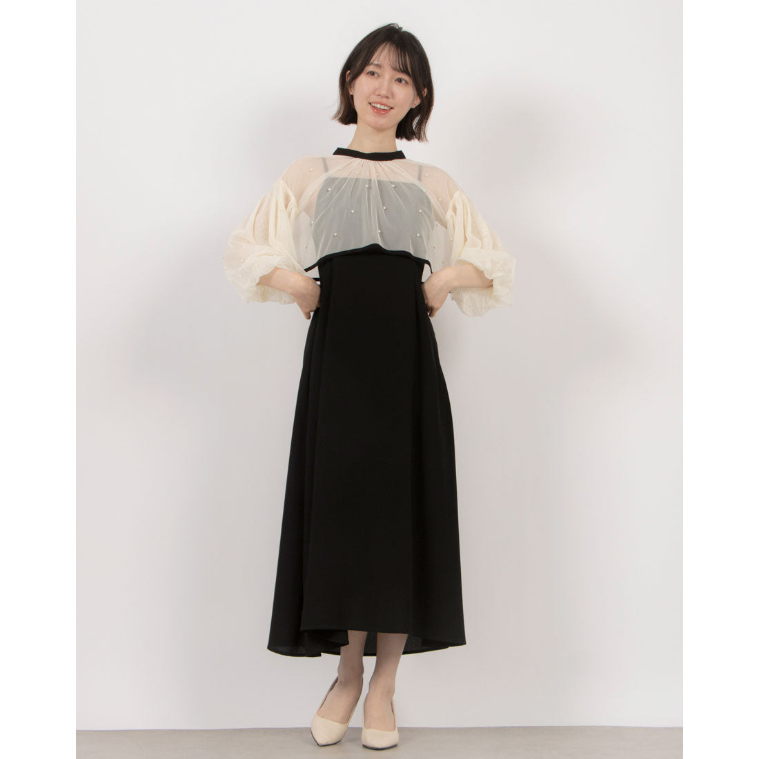 メトワ metoi パール付きチュールボレロ×キャミワンピース 825-1970  オケージョン ドレス お呼ばれ （ブラック） ブラック
