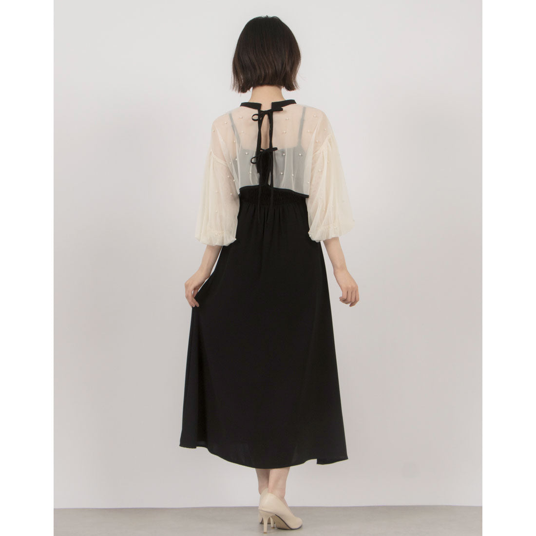 メトワ metoi パール付きチュールボレロ×キャミワンピース 825-1970  オケージョン ドレス お呼ばれ （ブラック） ブラック