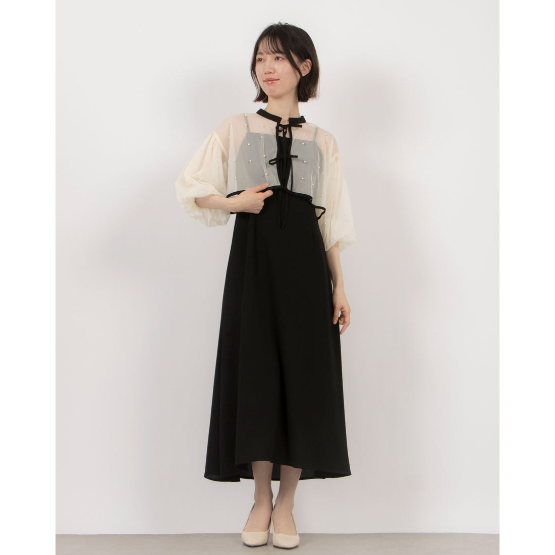 メトワ metoi パール付きチュールボレロ×キャミワンピース 825-1970  オケージョン ドレス お呼ばれ （ブラック） ブラック