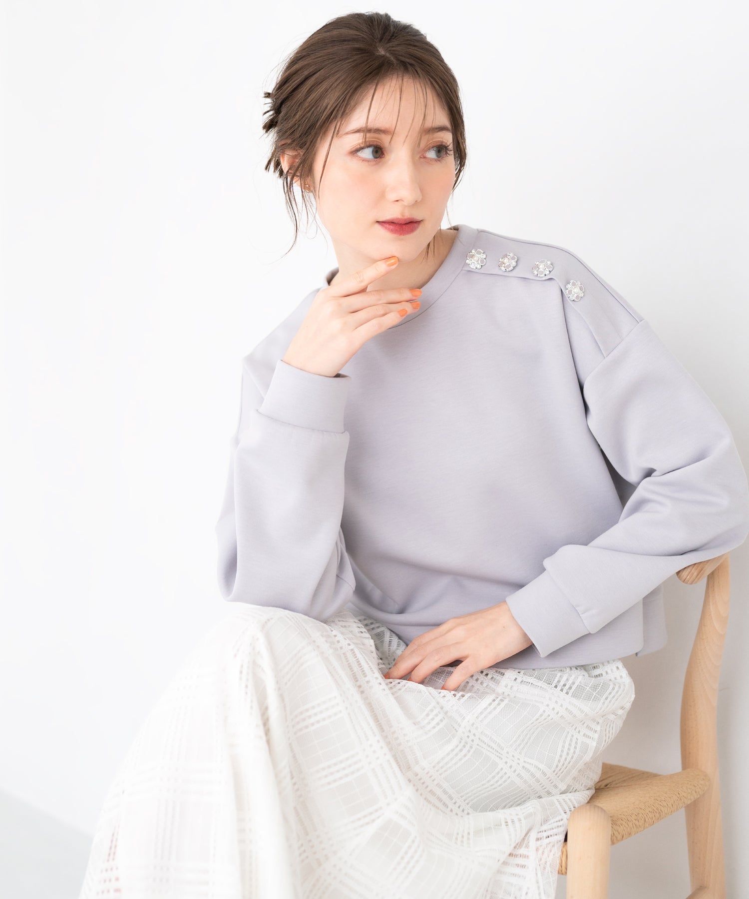 ミッシュマッシュ MISCH MASCH 【2024春夏新作】ビジュー釦クロップドスウェット/MM418202,L.GREY