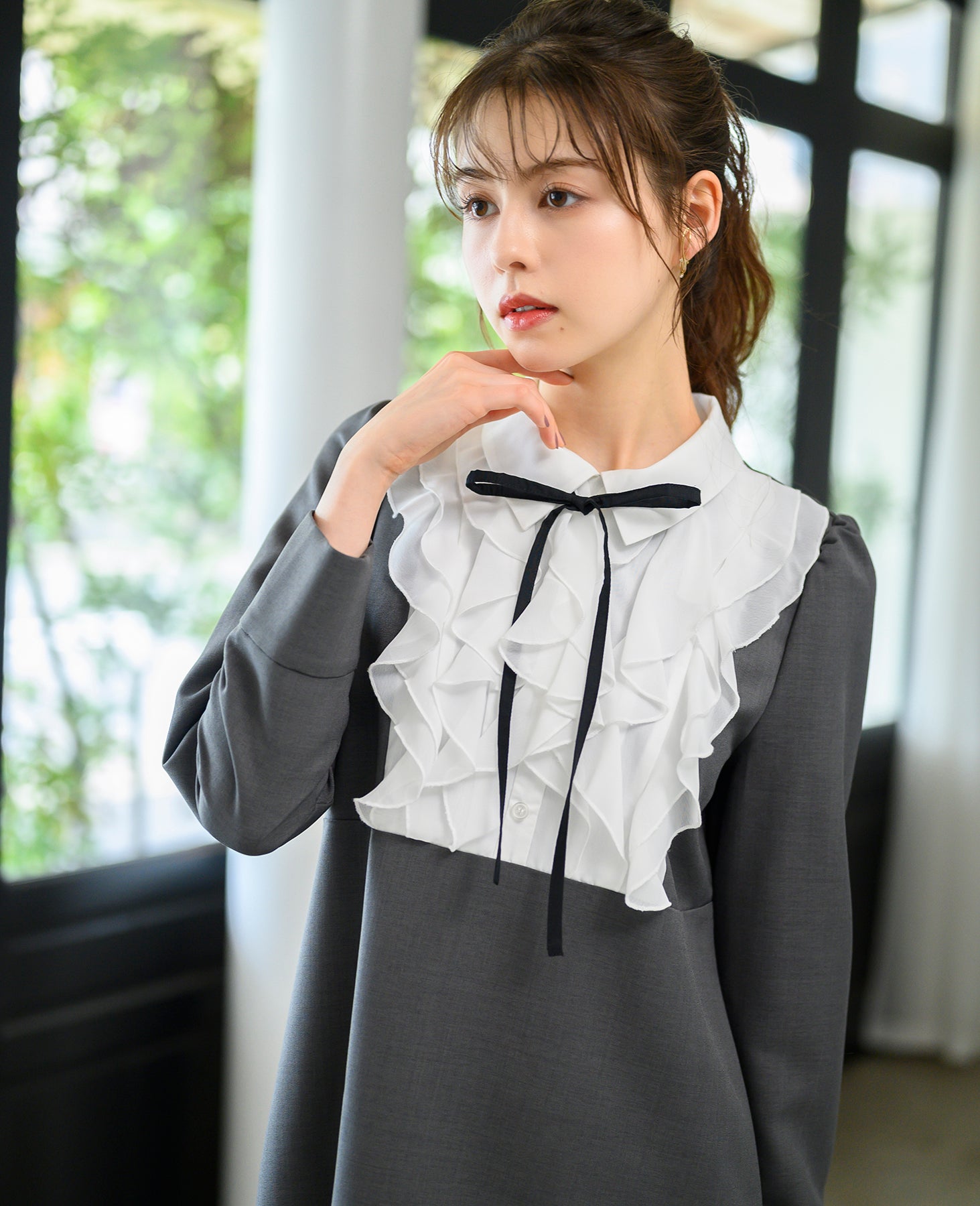 ミッシュマッシュ MISCH MASCH 【2024秋冬新作】フリルブラウスミニワンピース/MM447404 （GRAY） GREY