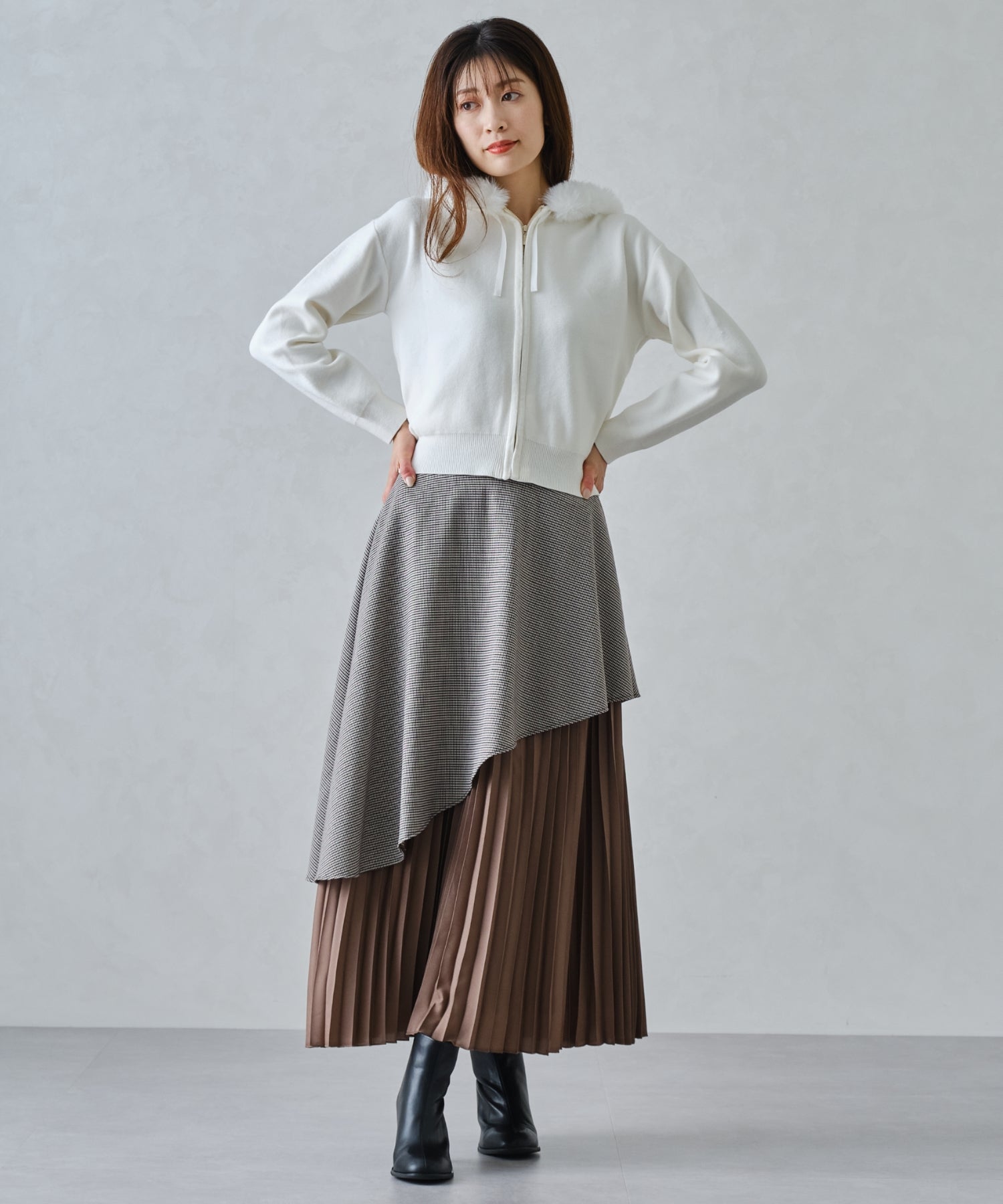 ミッシュマッシュ MISCH MASCH ■2024秋冬新作■ペプラムベルト付き異素材スカート/MM447211 （BROWN） BROWN