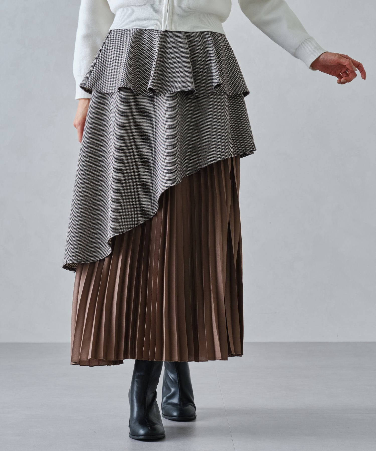 ミッシュマッシュ MISCH MASCH ■2024秋冬新作■ペプラムベルト付き異素材スカート/MM447211 （BROWN） BROWN