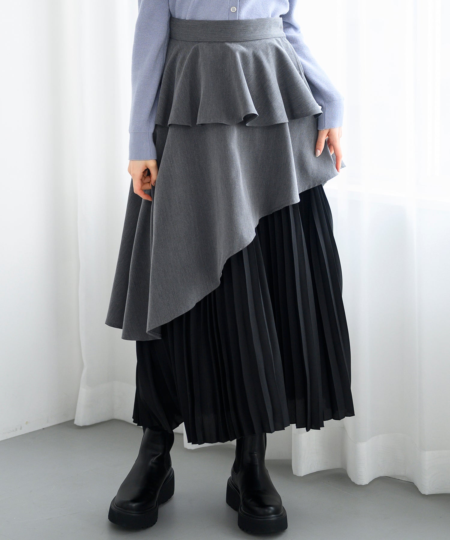 ミッシュマッシュ MISCH MASCH ■2024秋冬新作■ペプラムベルト付き異素材スカート/MM447211 （GREY） GREY
