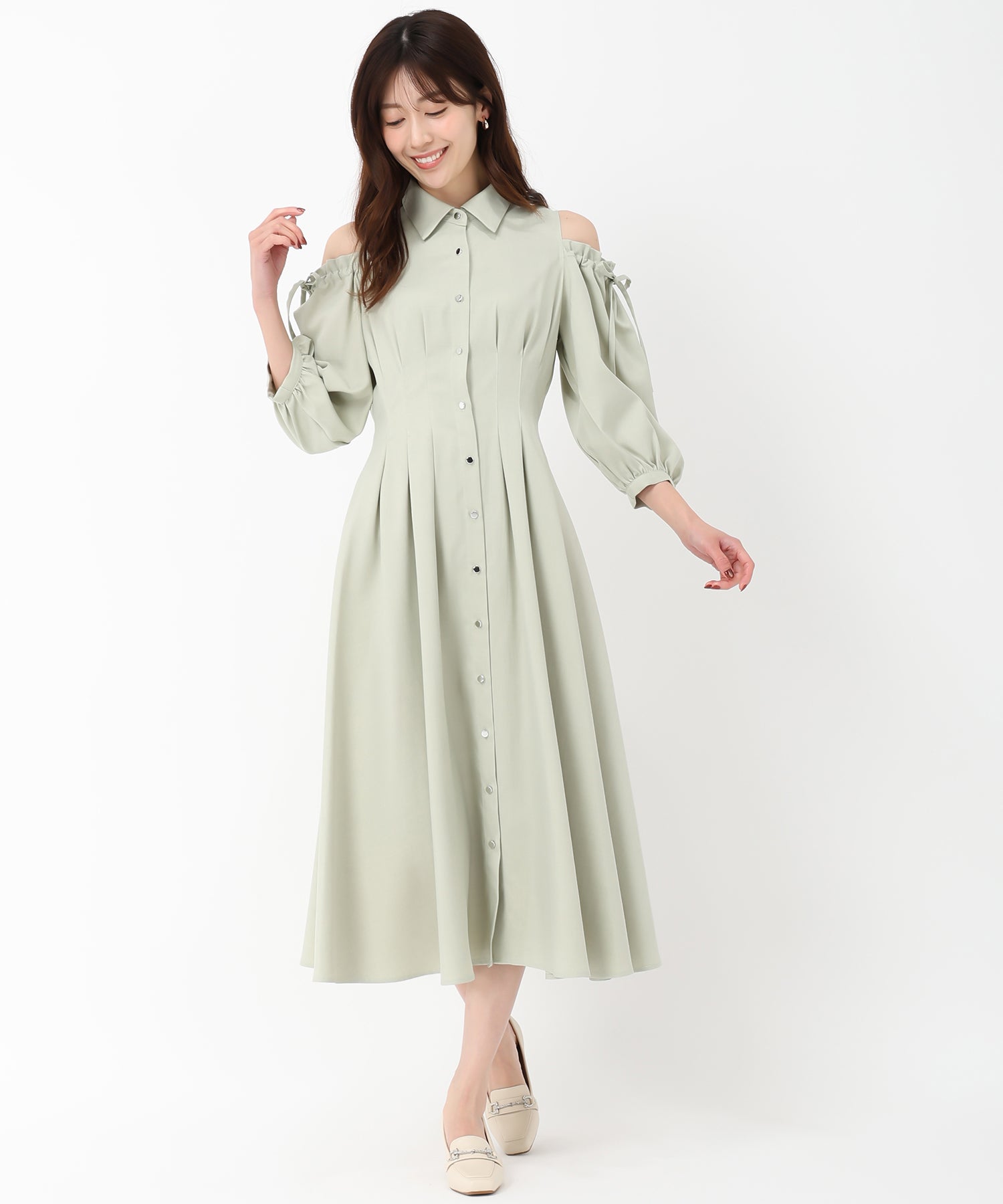 ミッシュマッシュ MISCH MASCH 2025春夏新作 肩開きシャツワンピース/MM517404 （GREEN） GREEN
