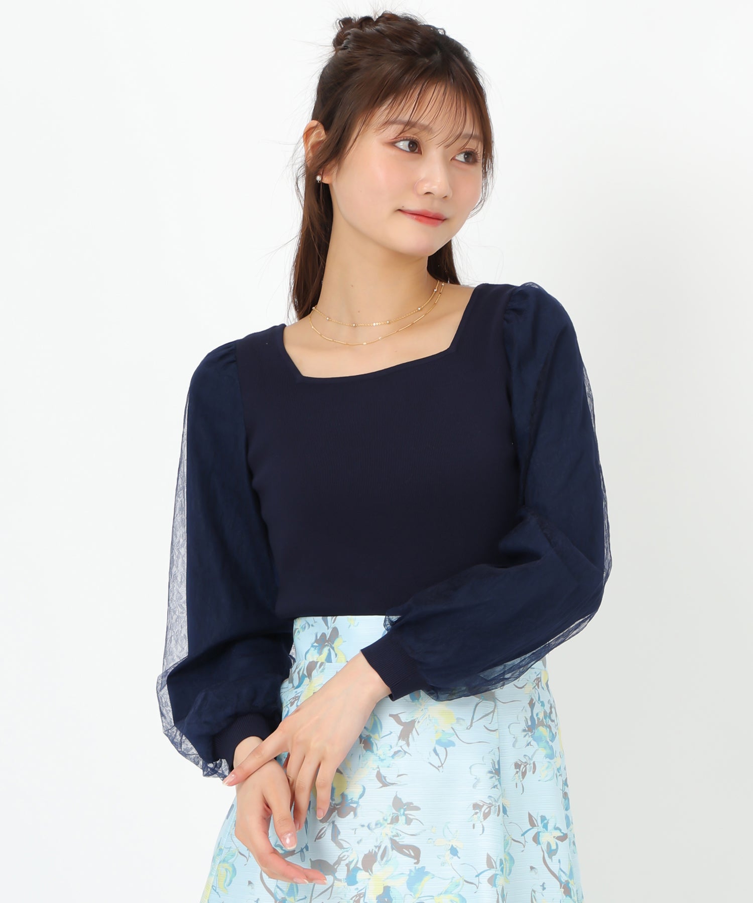 ミッシュマッシュ MISCH MASCH 2025春夏新作 レースシアー袖2wayニット/MM518307 （NAVY） NAVY