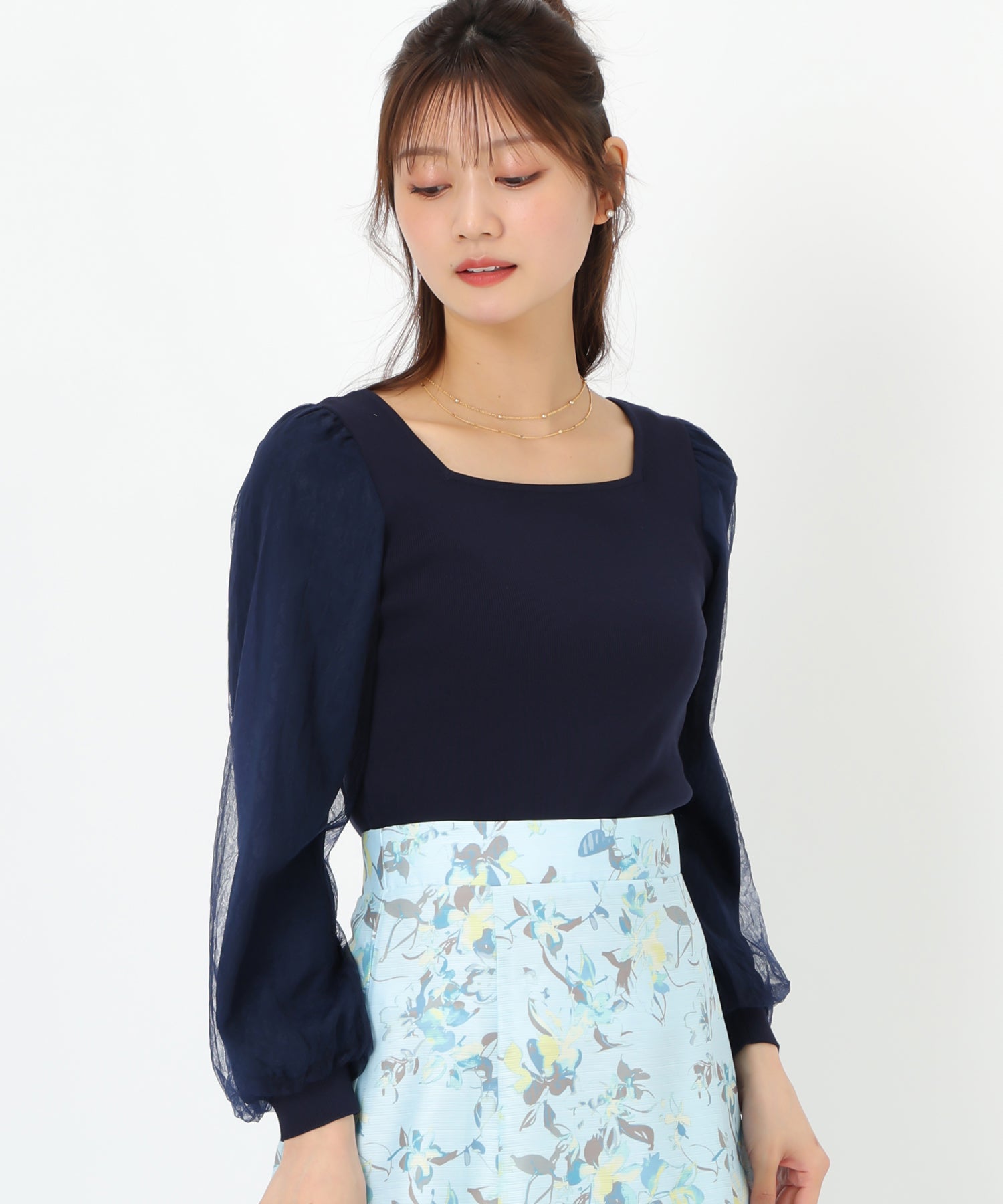ミッシュマッシュ MISCH MASCH 2025春夏新作 レースシアー袖2wayニット/MM518307 （NAVY） NAVY