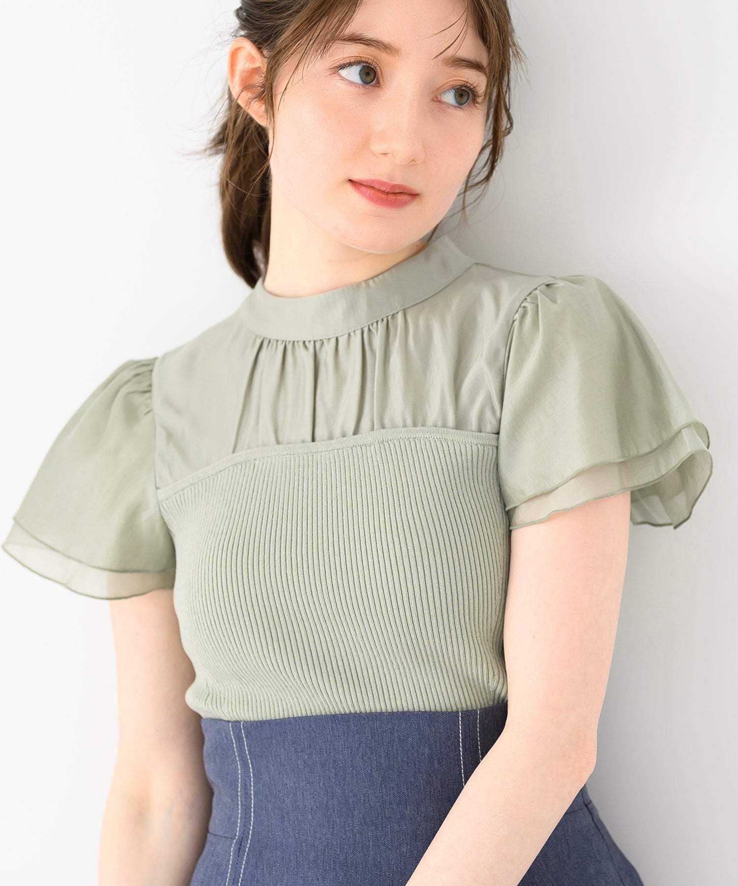 ミッシュマッシュ MISCH MASCH 2025春夏新作 フレア袖ビスチェニット （GREEN） GREEN