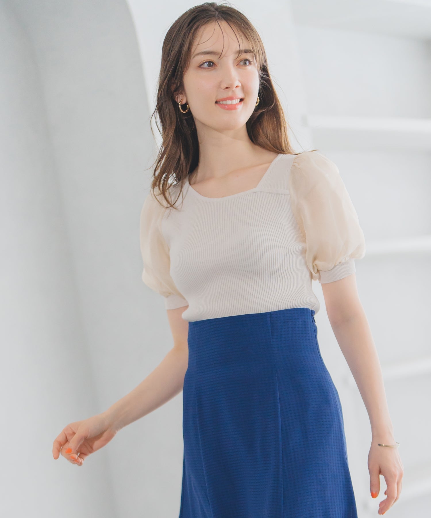 ミッシュマッシュ MISCH MASCH 2025春夏新作 アシメリブシアー袖ニット （BEIGE） BEIGE