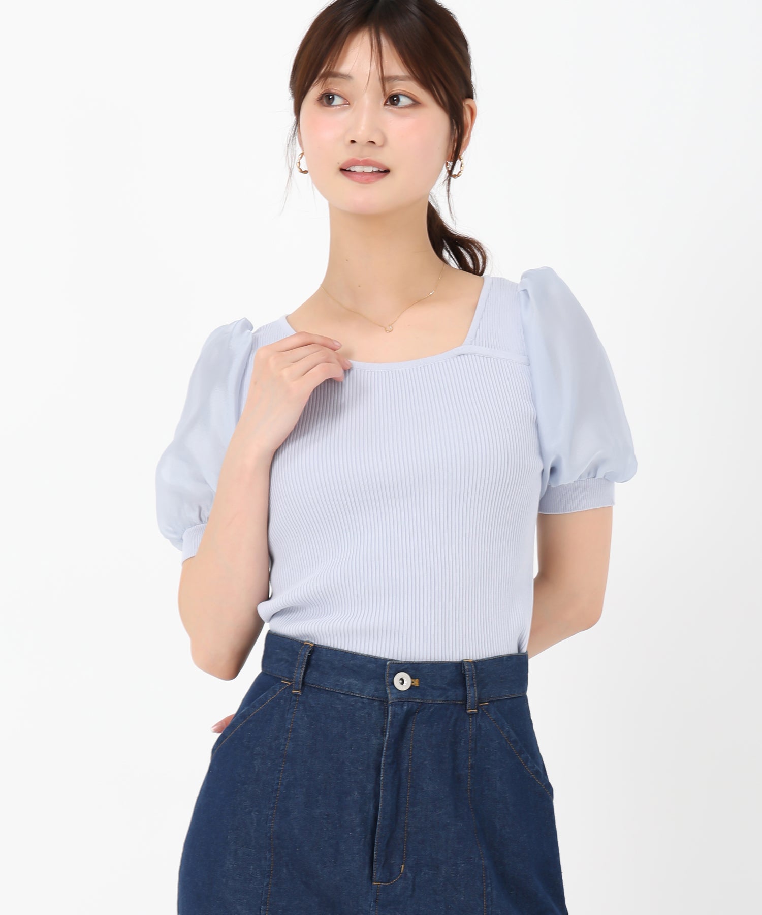 ミッシュマッシュ MISCH MASCH 2025春夏新作 アシメリブシアー袖ニット （BLUE） BLUE