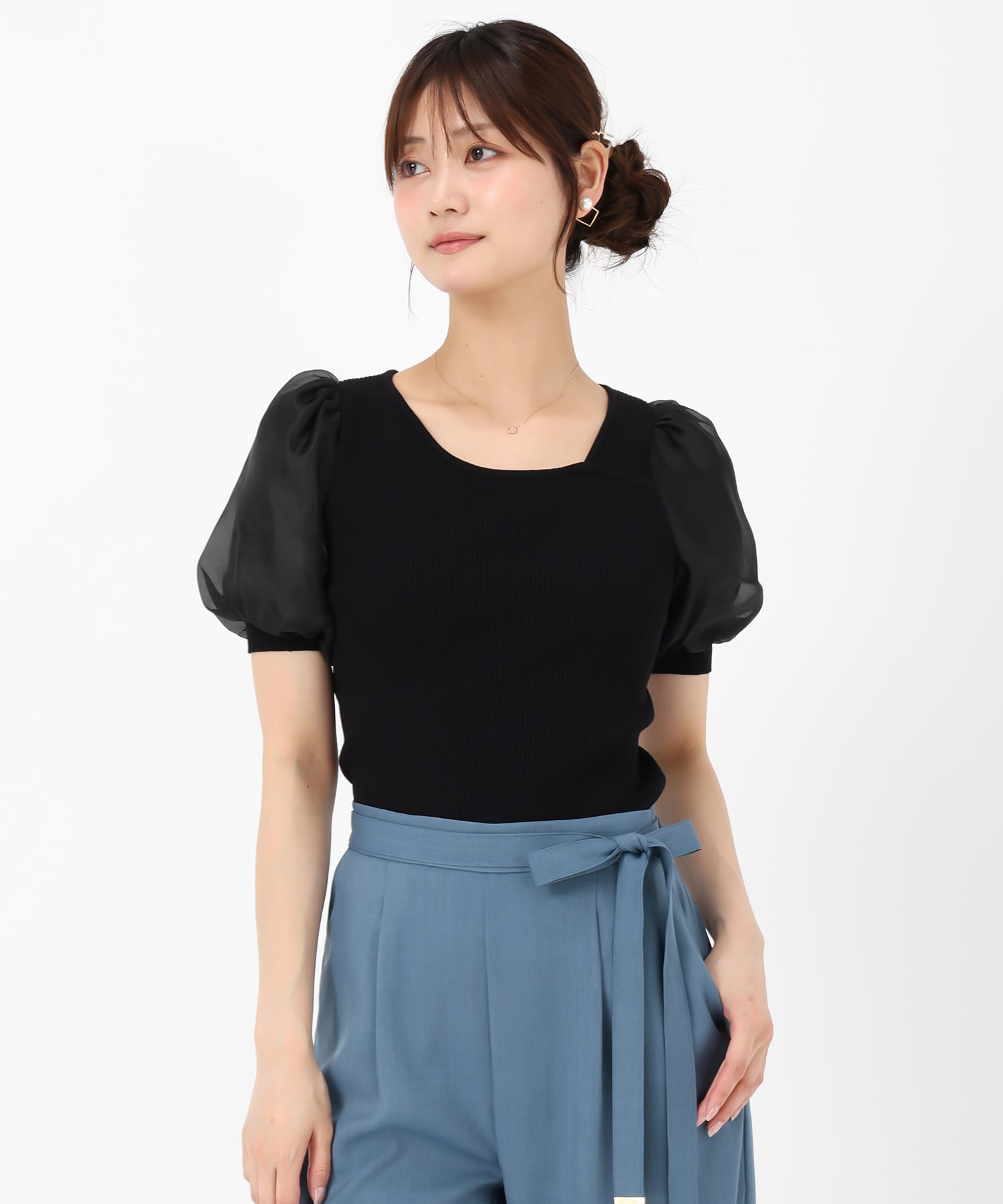 ミッシュマッシュ MISCH MASCH 2025春夏新作 アシメリブシアー袖ニット （BLACK） BLACK