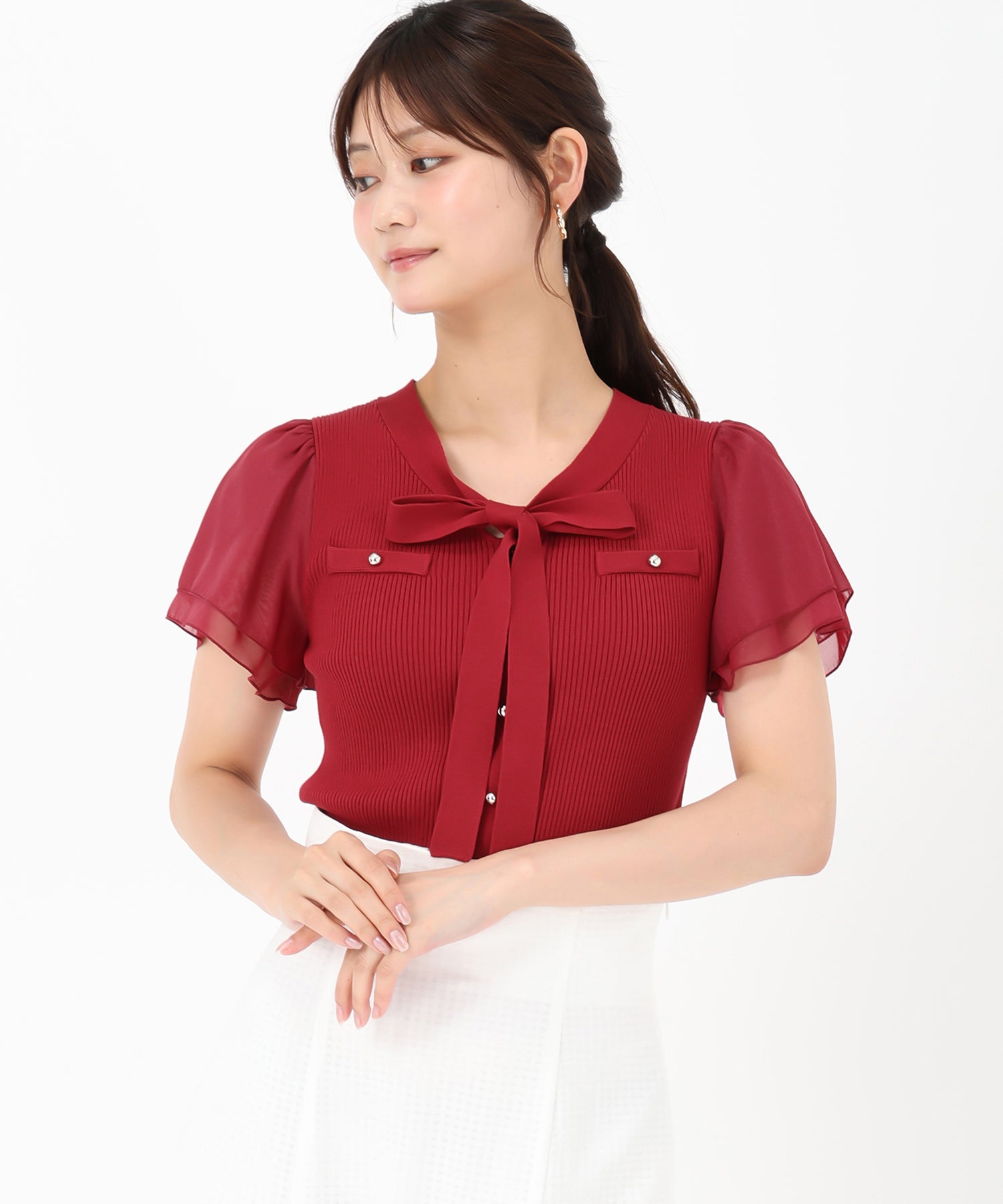 ミッシュマッシュ MISCH MASCH 2025春夏新作 ゴールド釦シアー袖ボウタイニット （RED） RED