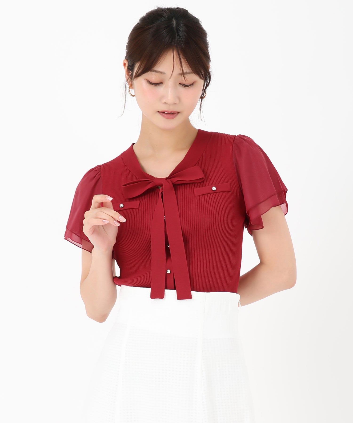 ミッシュマッシュ MISCH MASCH 2025春夏新作 ゴールド釦シアー袖ボウタイニット （RED） RED
