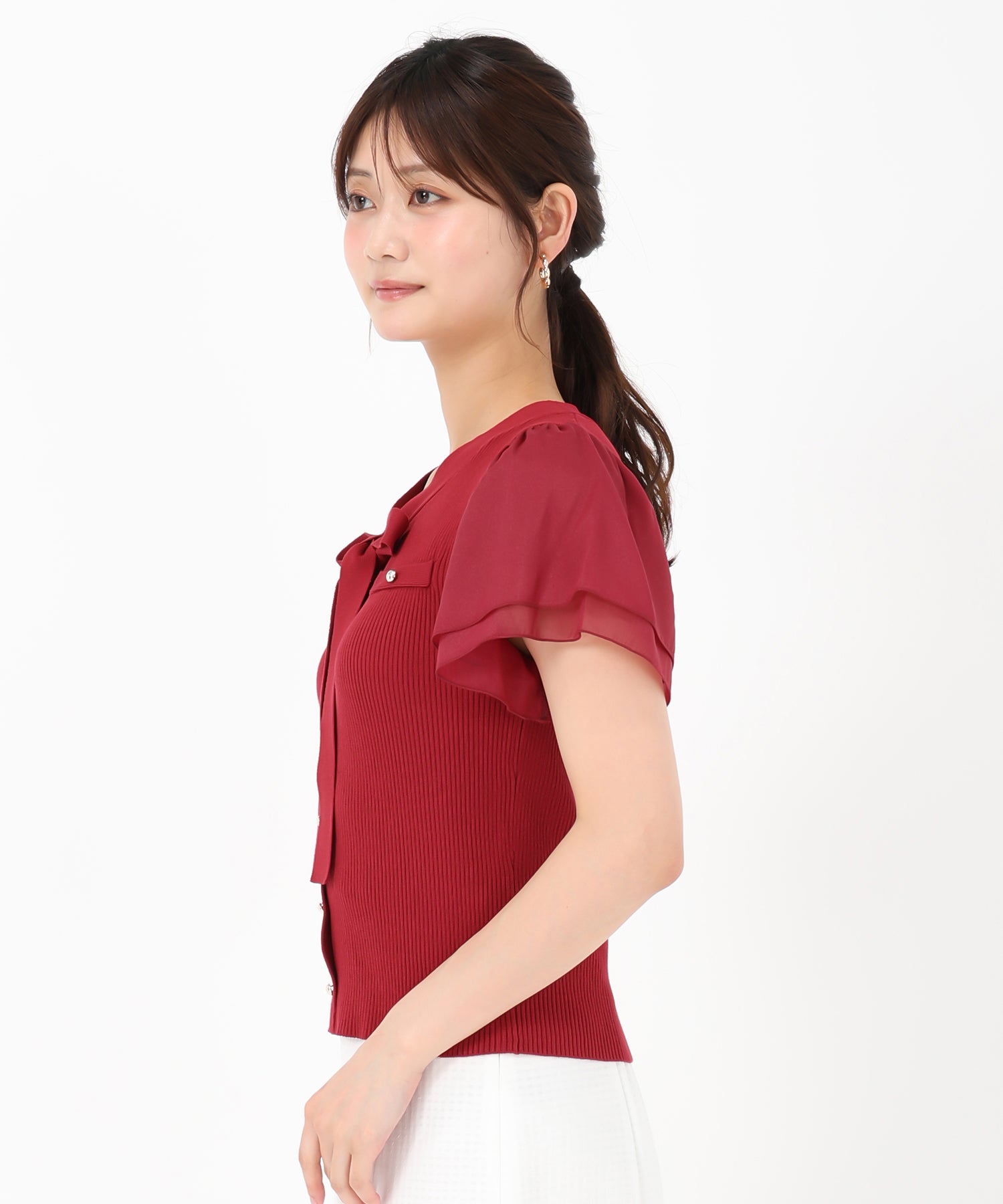 ミッシュマッシュ MISCH MASCH 2025春夏新作 ゴールド釦シアー袖ボウタイニット （RED） RED