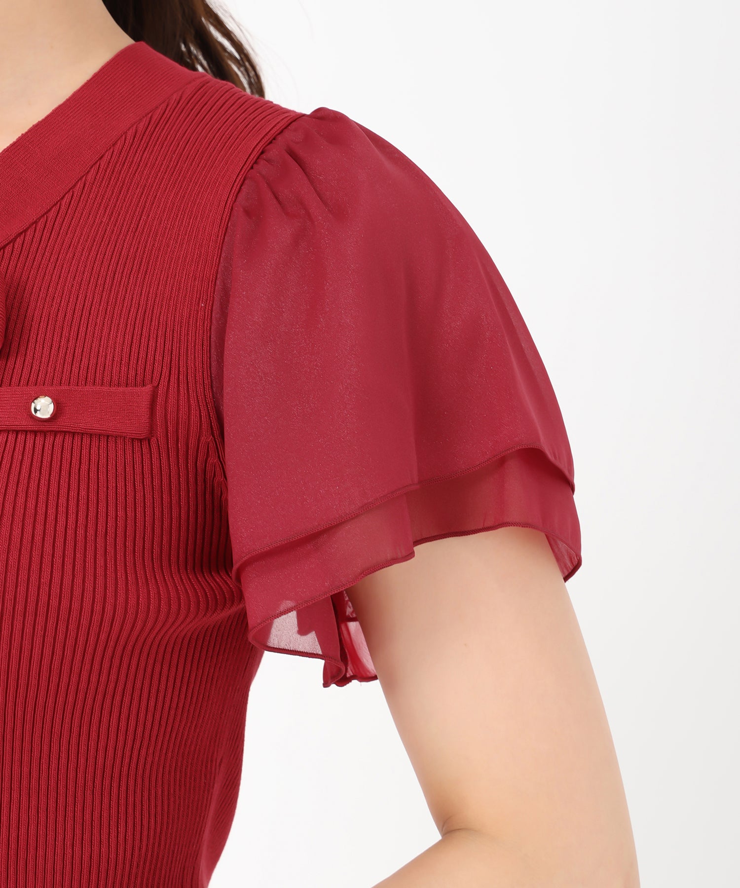 ミッシュマッシュ MISCH MASCH 2025春夏新作 ゴールド釦シアー袖ボウタイニット （RED） RED