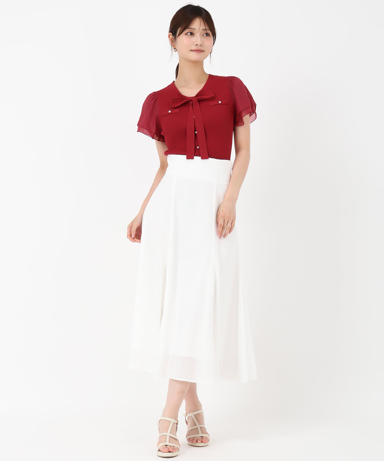 ミッシュマッシュ MISCH MASCH 2025春夏新作 ゴールド釦シアー袖ボウタイニット （RED） RED