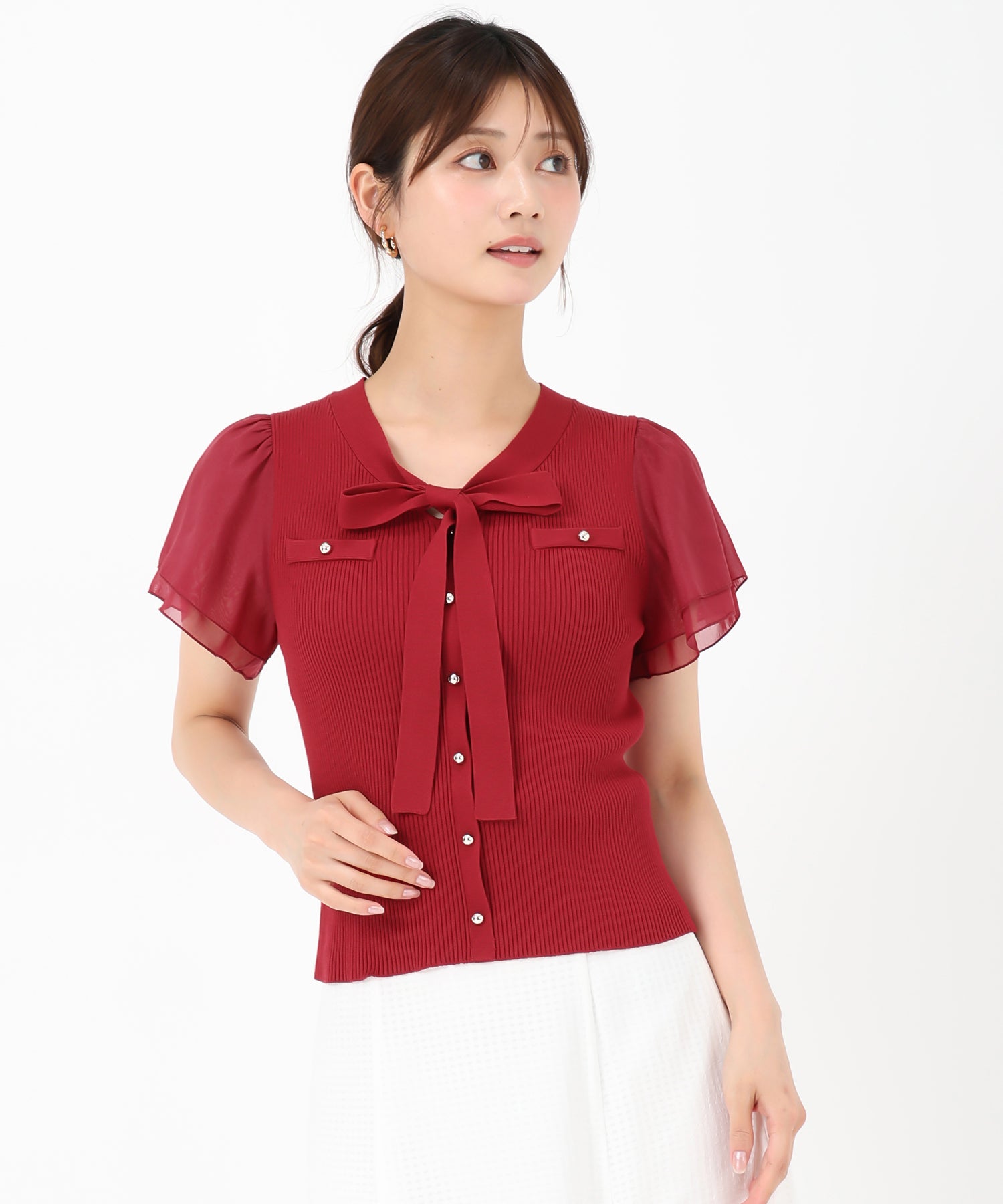 ミッシュマッシュ MISCH MASCH 2025春夏新作 ゴールド釦シアー袖ボウタイニット （RED） RED
