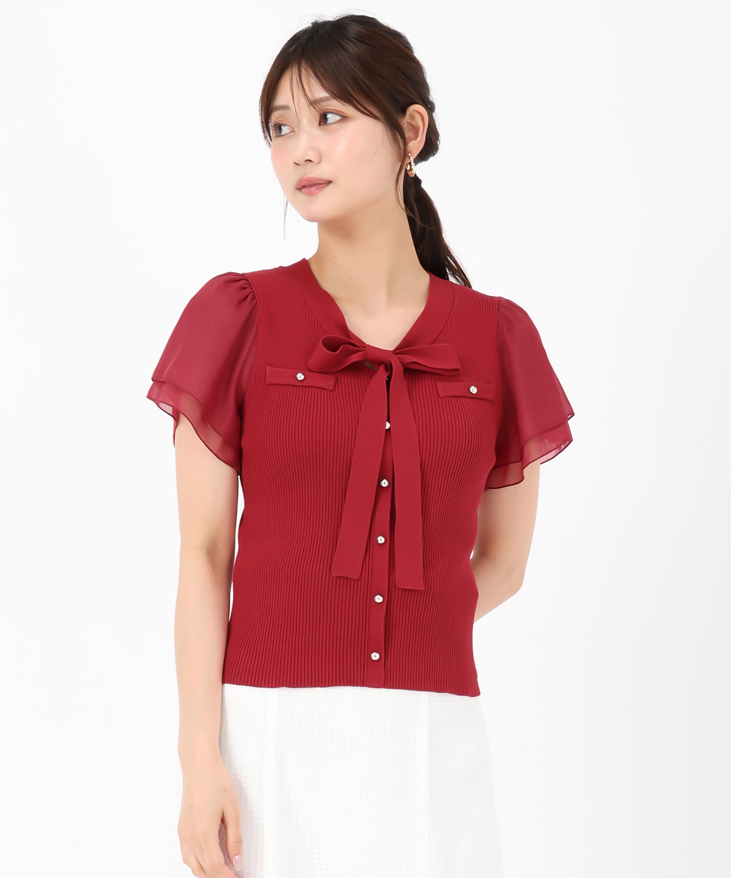 ミッシュマッシュ MISCH MASCH 2025春夏新作 ゴールド釦シアー袖ボウタイニット （RED） RED