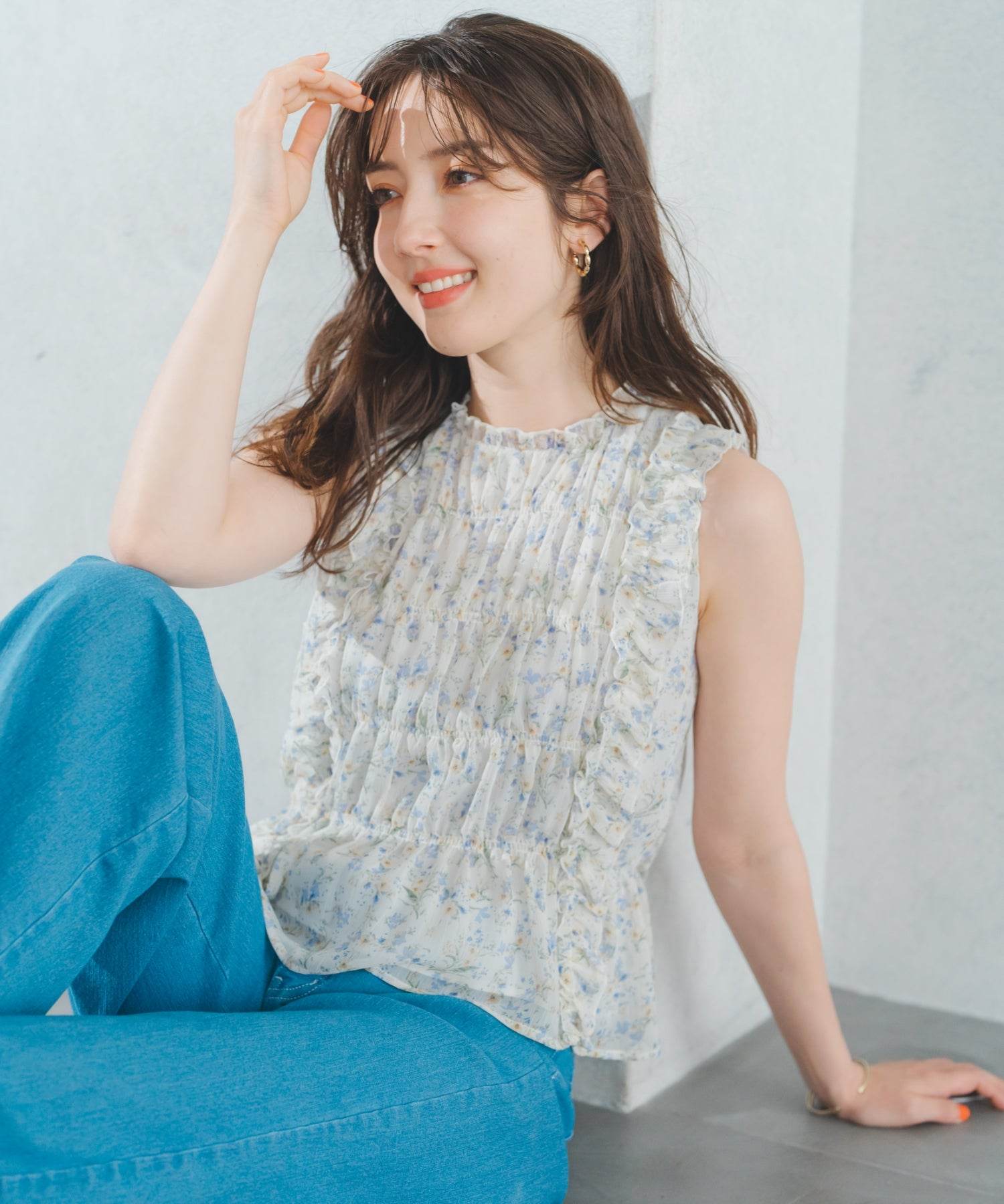 ミッシュマッシュ MISCH MASCH 2025春夏新作 小花柄シャーリングノースリブラウス （WHITE） WHITE