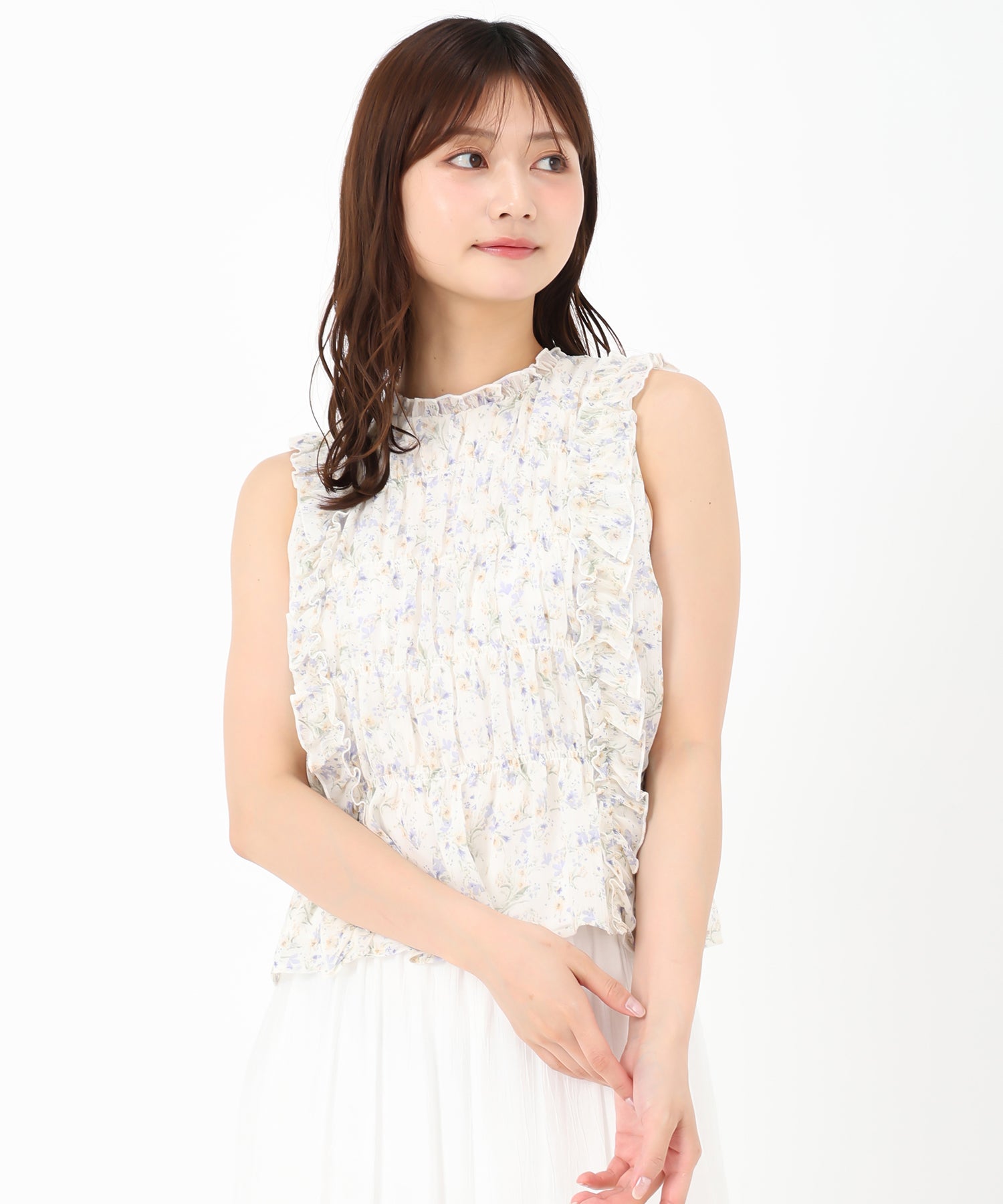 ミッシュマッシュ MISCH MASCH 2025春夏新作 小花柄シャーリングノースリブラウス （WHITE） WHITE
