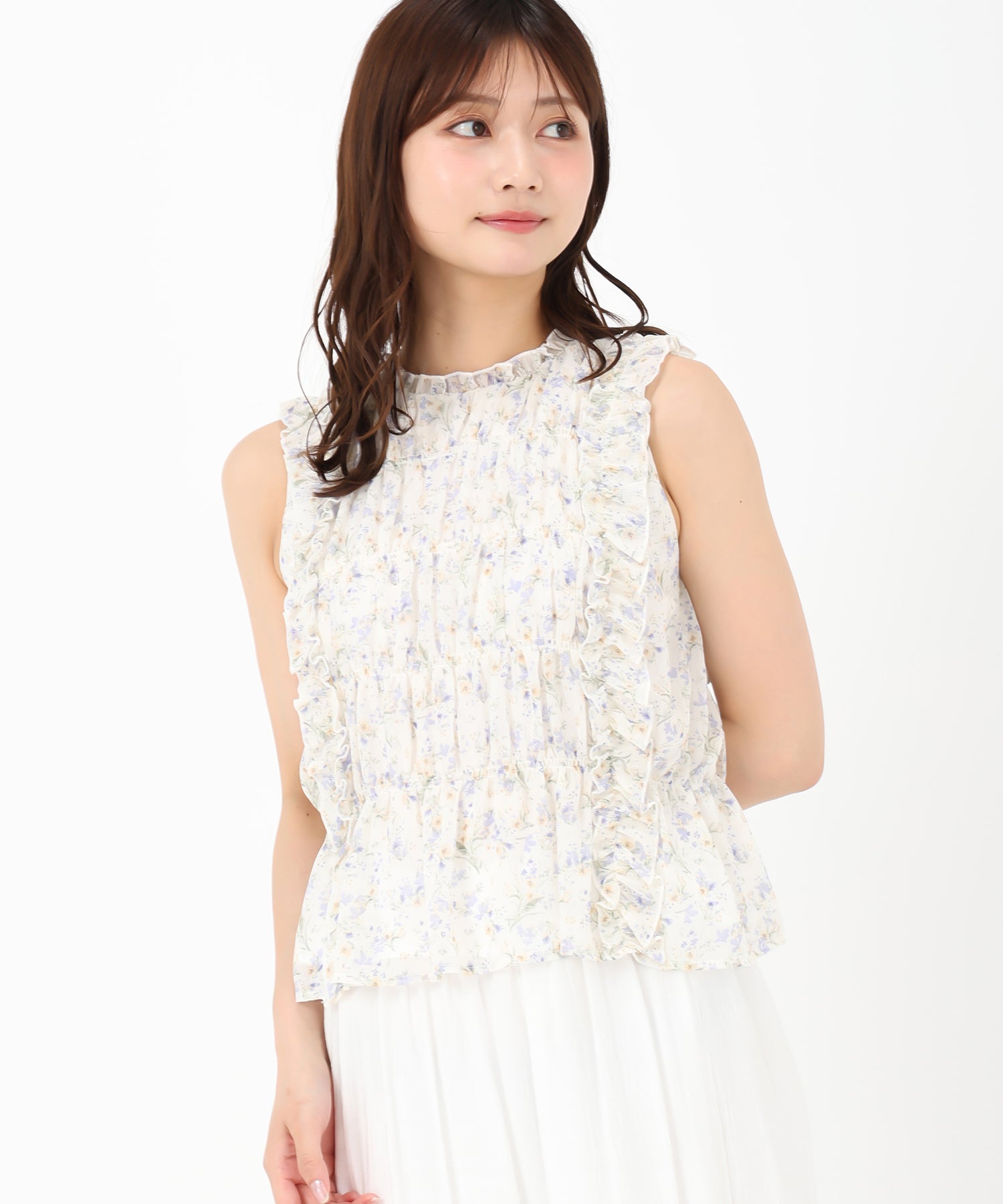 ミッシュマッシュ MISCH MASCH 2025春夏新作 小花柄シャーリングノースリブラウス （WHITE） WHITE