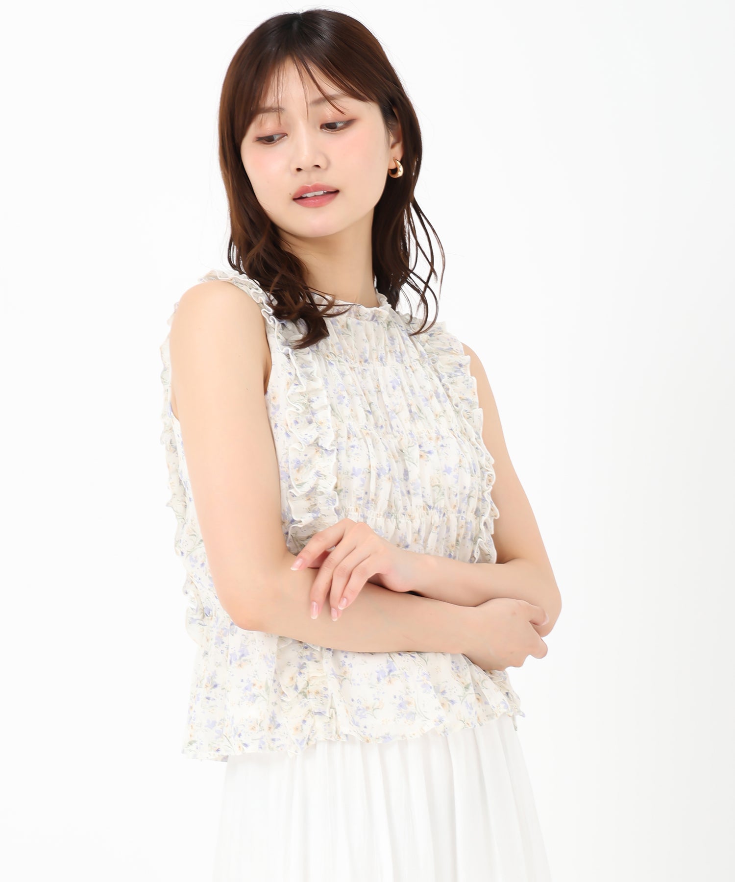 ミッシュマッシュ MISCH MASCH 2025春夏新作 小花柄シャーリングノースリブラウス （WHITE） WHITE