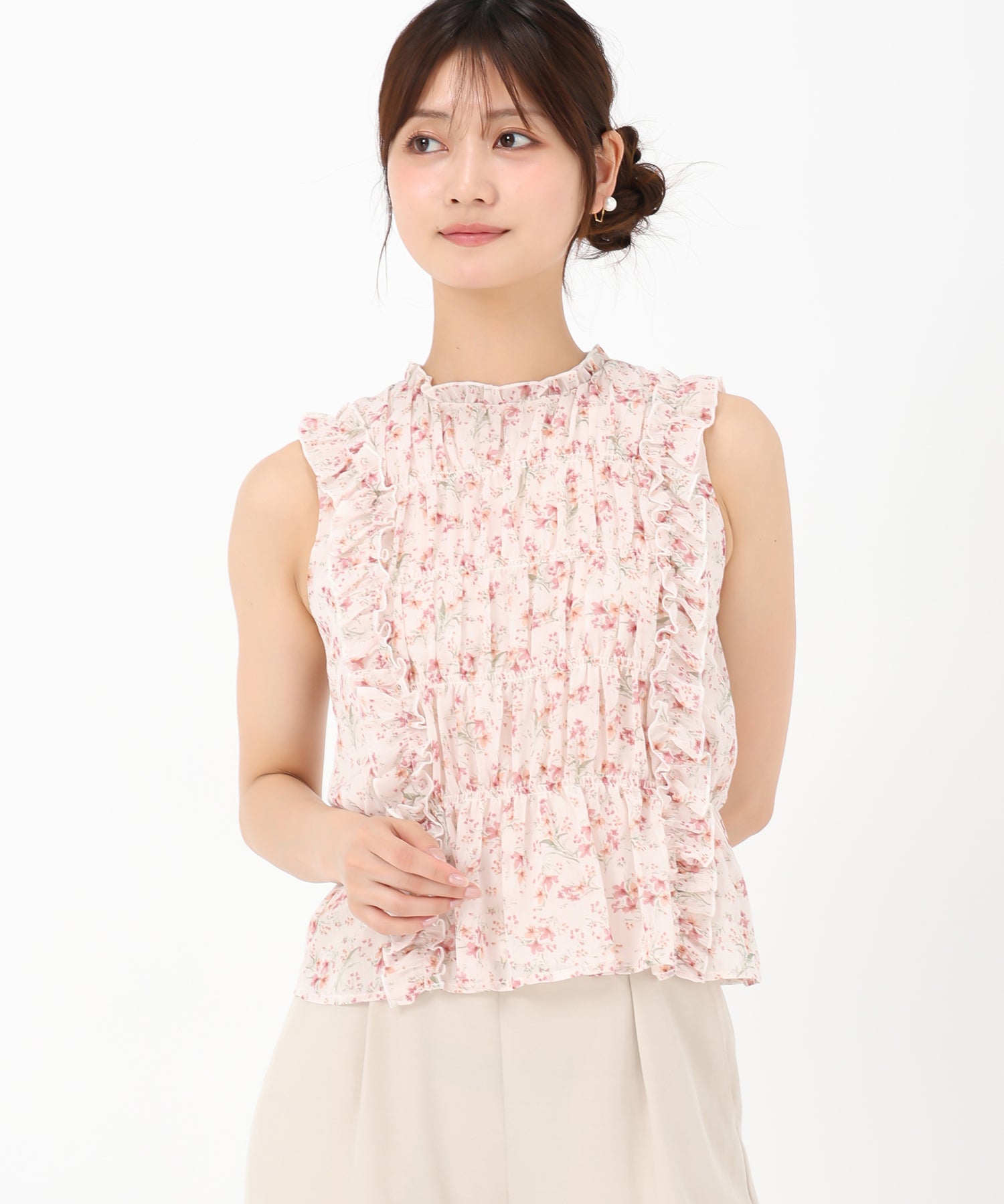ミッシュマッシュ MISCH MASCH 2025春夏新作 小花柄シャーリングノースリブラウス （PINK） PINK