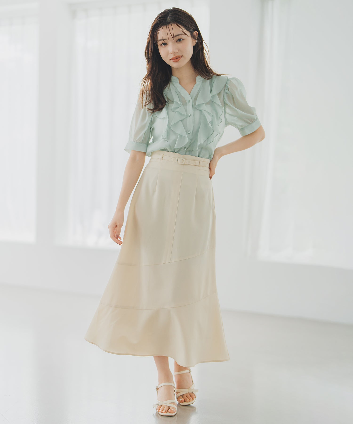 ミッシュマッシュ MISCH MASCH 2025春夏新作 アシンメトリー切替Aラインスカート （IVORY） IVORY