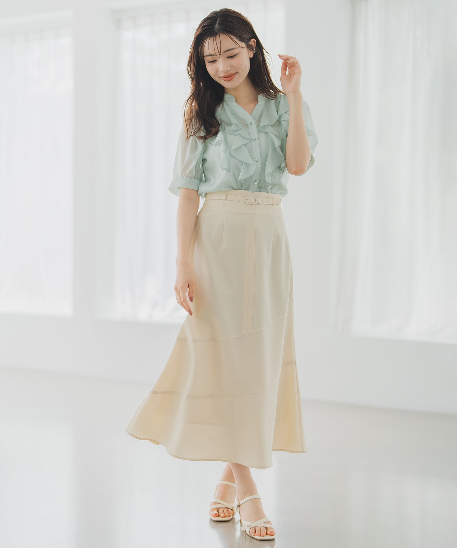 ミッシュマッシュ MISCH MASCH 2025春夏新作 アシンメトリー切替Aラインスカート （IVORY） IVORY