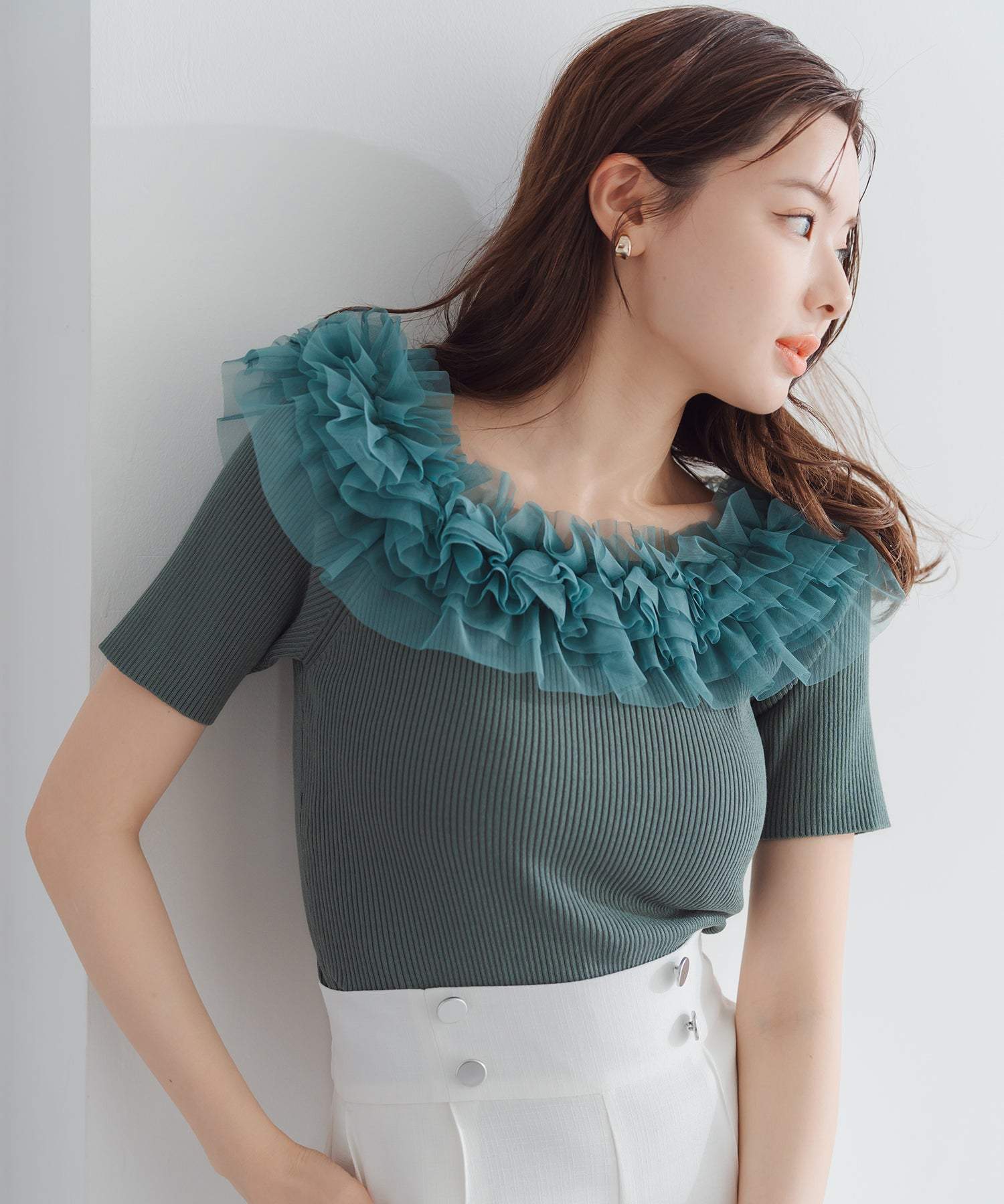 ミッシュマッシュ MISCH MASCH 2025春夏新作 2wayチュールフリル半袖ニット （GREEN） GREEN