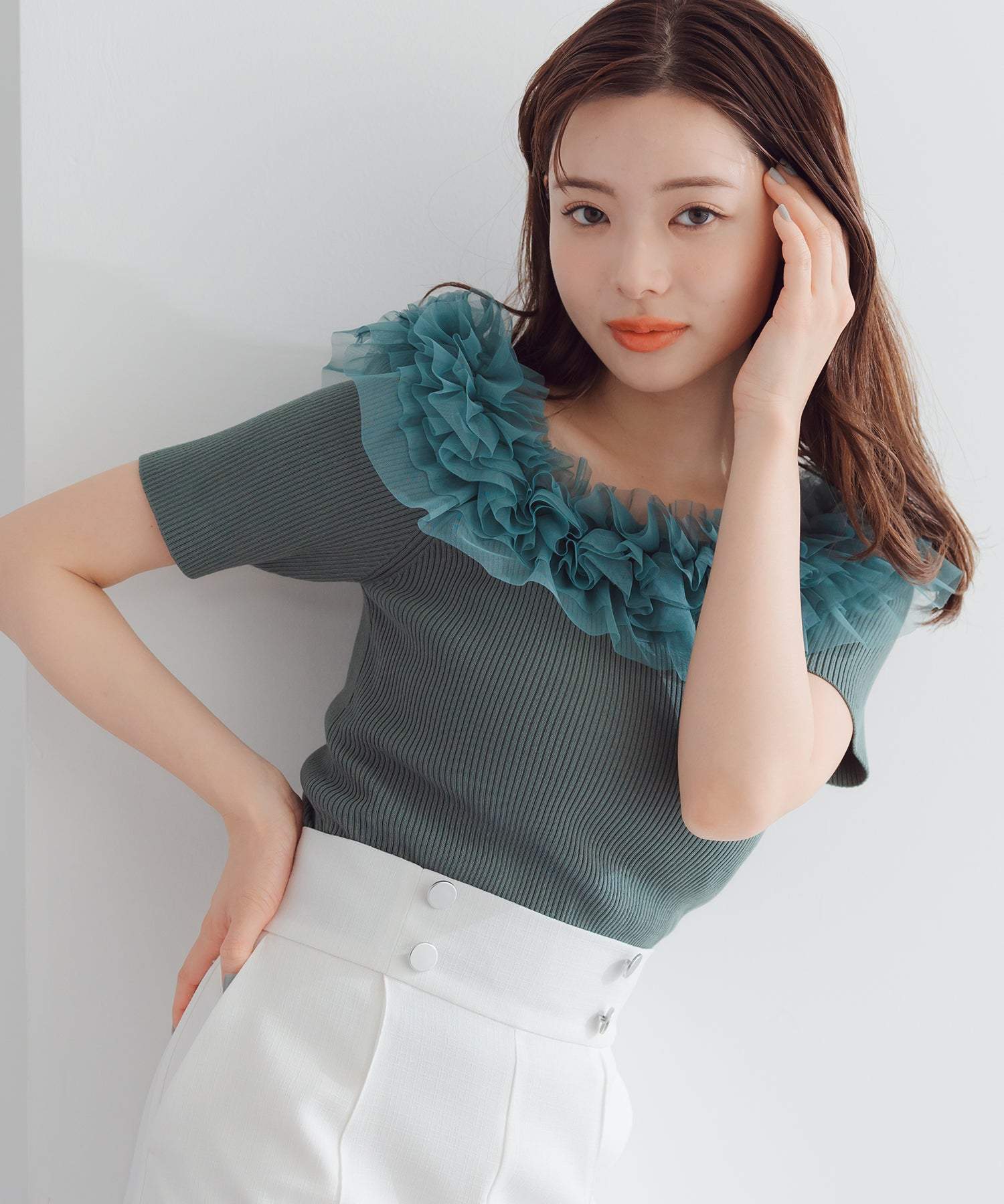 ミッシュマッシュ MISCH MASCH 2025春夏新作 2wayチュールフリル半袖ニット （GREEN） GREEN
