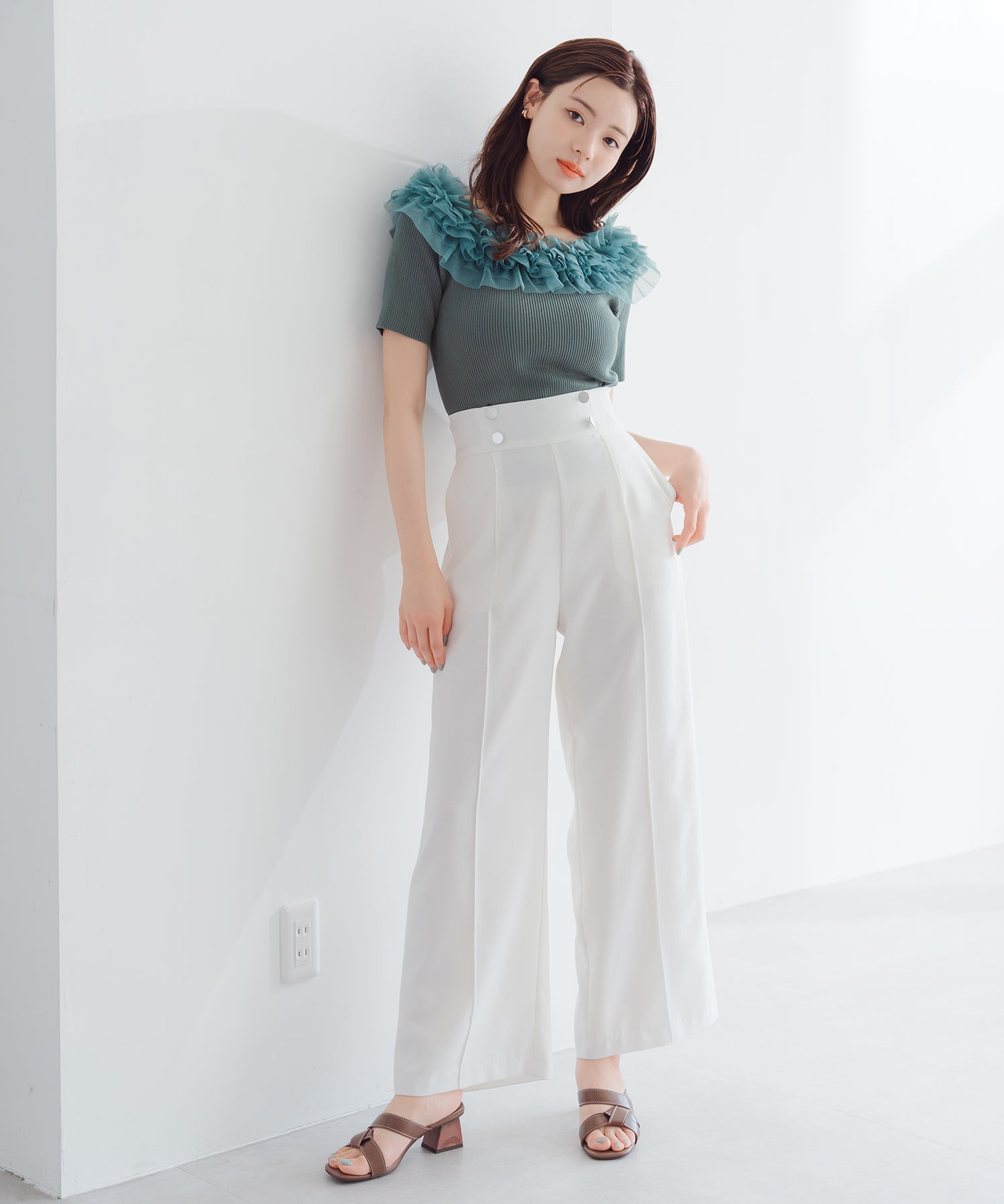 ミッシュマッシュ MISCH MASCH 2025春夏新作 2wayチュールフリル半袖ニット （GREEN） GREEN