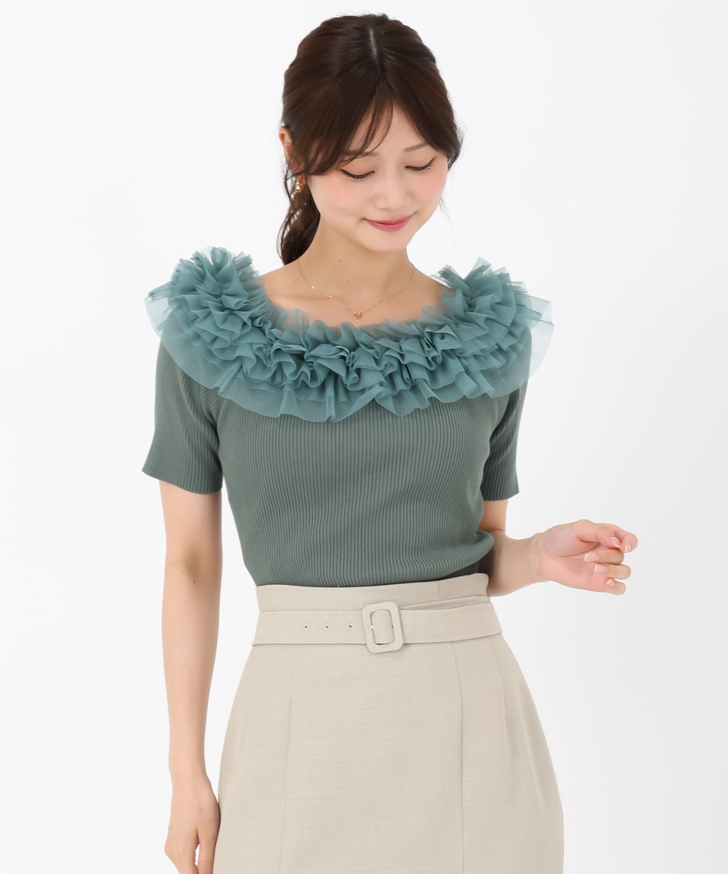 ミッシュマッシュ MISCH MASCH 2025春夏新作 2wayチュールフリル半袖ニット （GREEN） GREEN