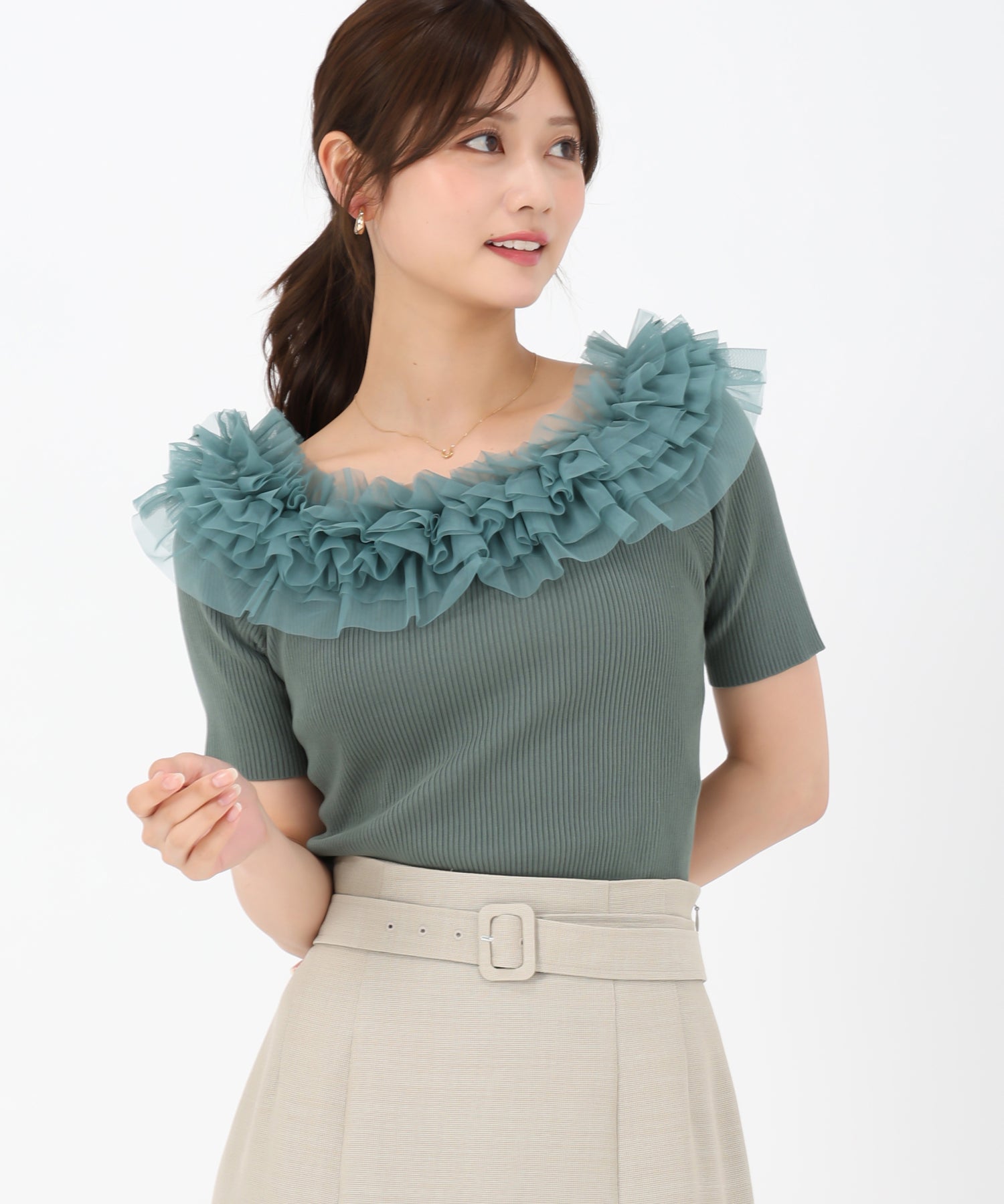 ミッシュマッシュ MISCH MASCH 2025春夏新作 2wayチュールフリル半袖ニット （GREEN） GREEN
