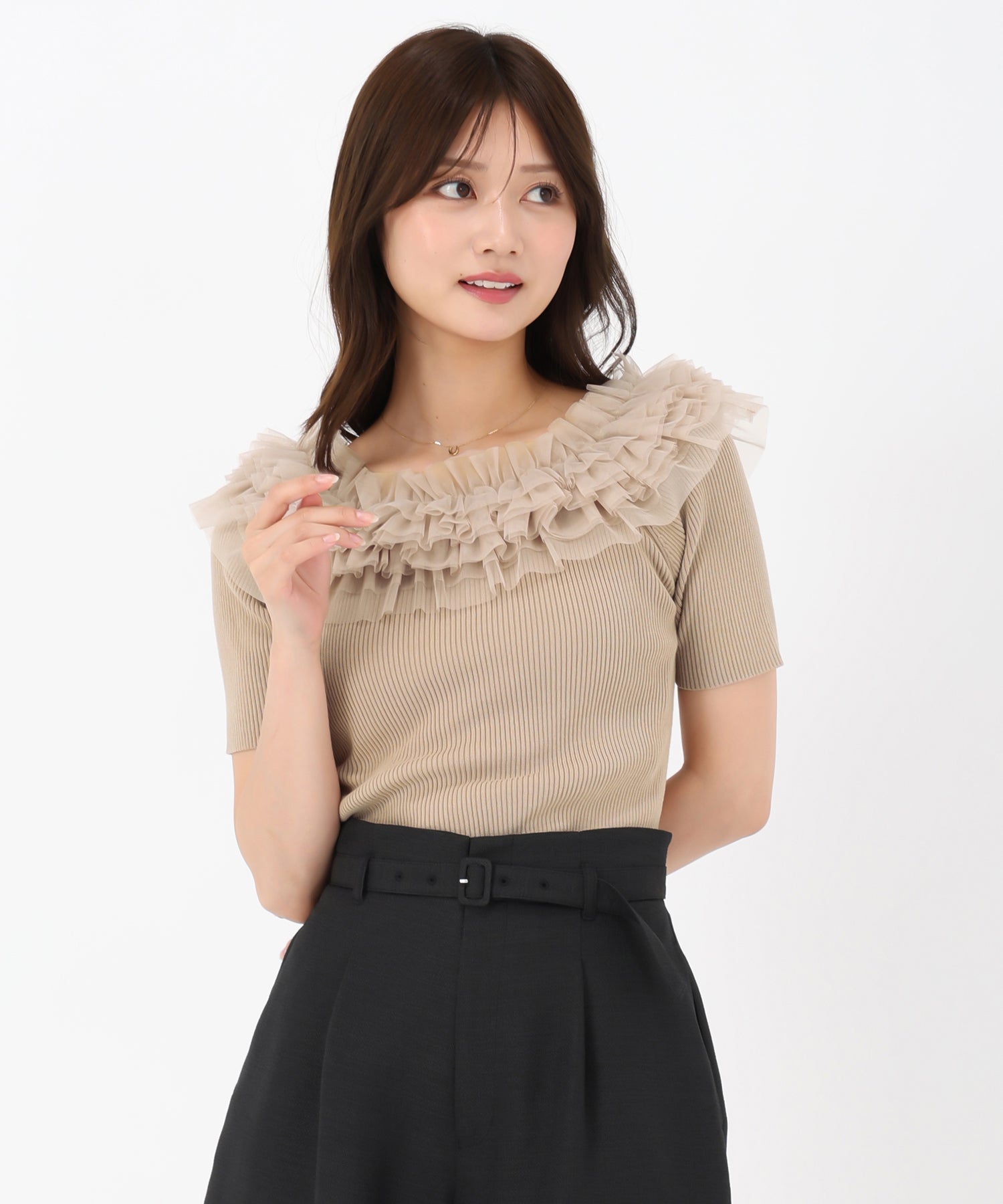 ミッシュマッシュ MISCH MASCH 2025春夏新作 2wayチュールフリル半袖ニット （GREEN） GREEN