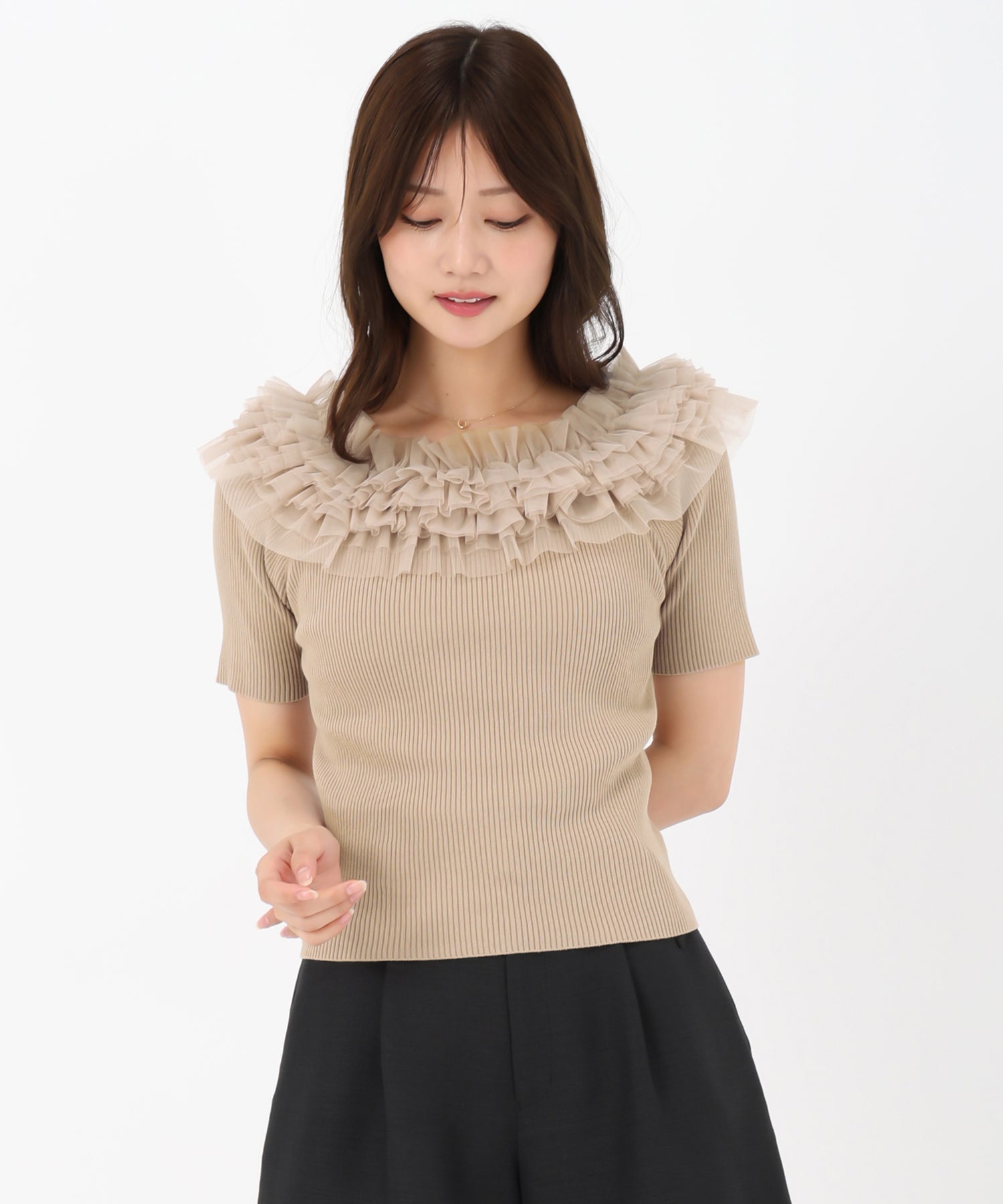 ミッシュマッシュ MISCH MASCH 2025春夏新作 2wayチュールフリル半袖ニット （GREEN） GREEN