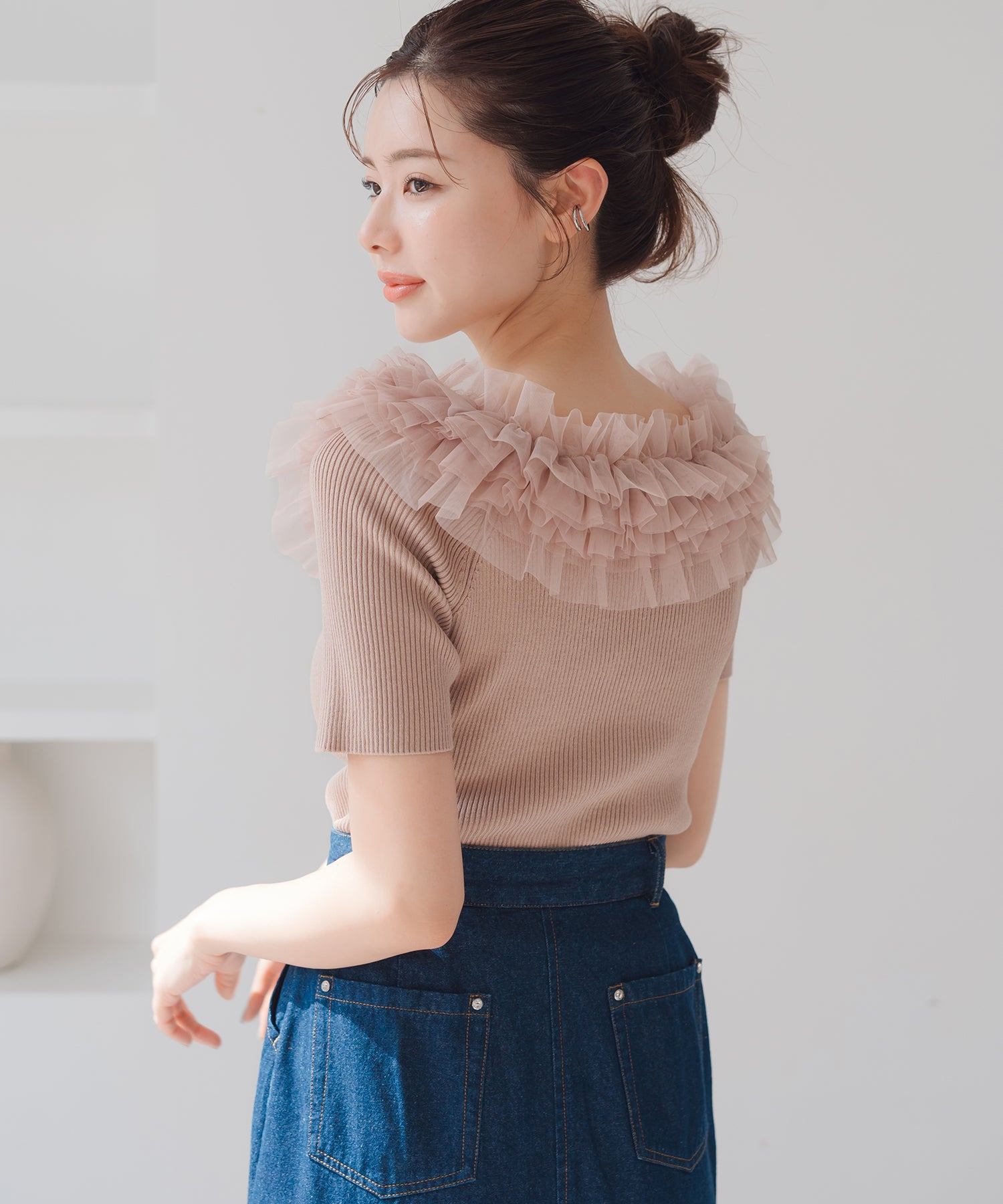 ミッシュマッシュ MISCH MASCH 2025春夏新作 2wayチュールフリル半袖ニット （BEIGE） BEIGE
