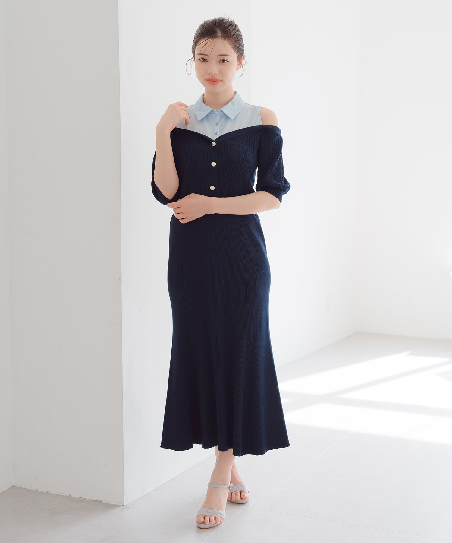 ミッシュマッシュ MISCH MASCH 2025春夏新作 シャツレイヤードケーブルニットワンピース （NAVY） NAVY