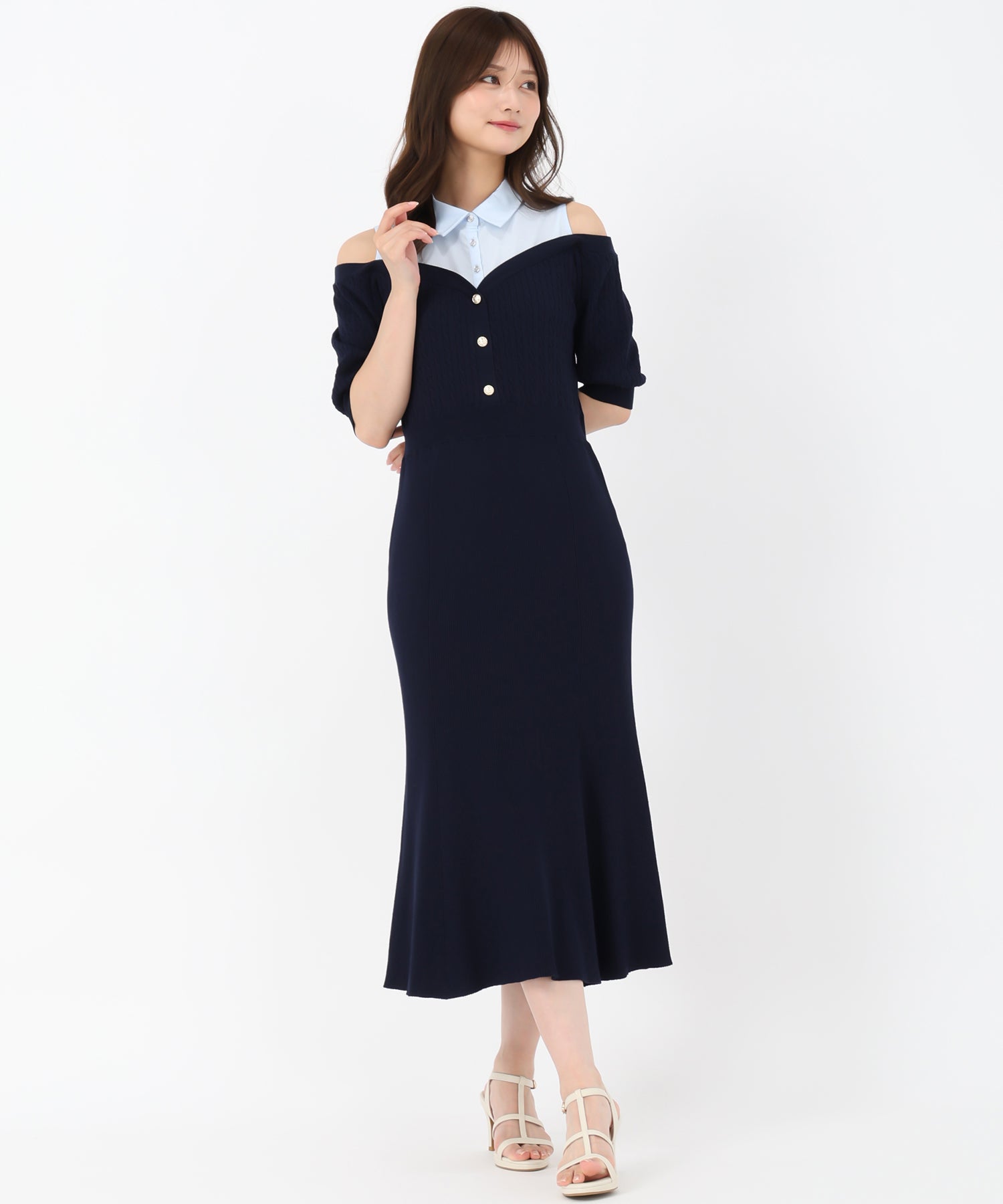 ミッシュマッシュ MISCH MASCH 2025春夏新作 シャツレイヤードケーブルニットワンピース （NAVY） NAVY