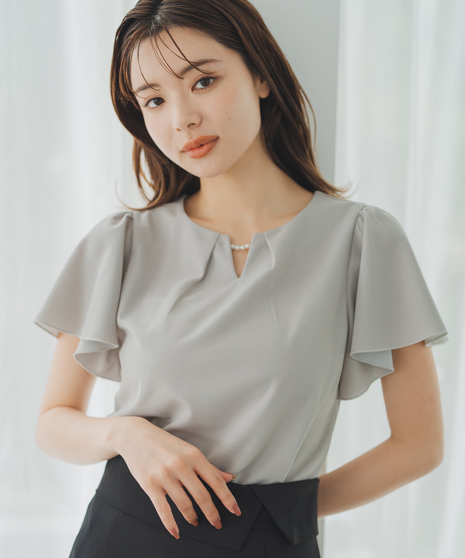 ミッシュマッシュ MISCH MASCH 2025春夏新作 パールフレア袖カットブラウス （GREY） GREY