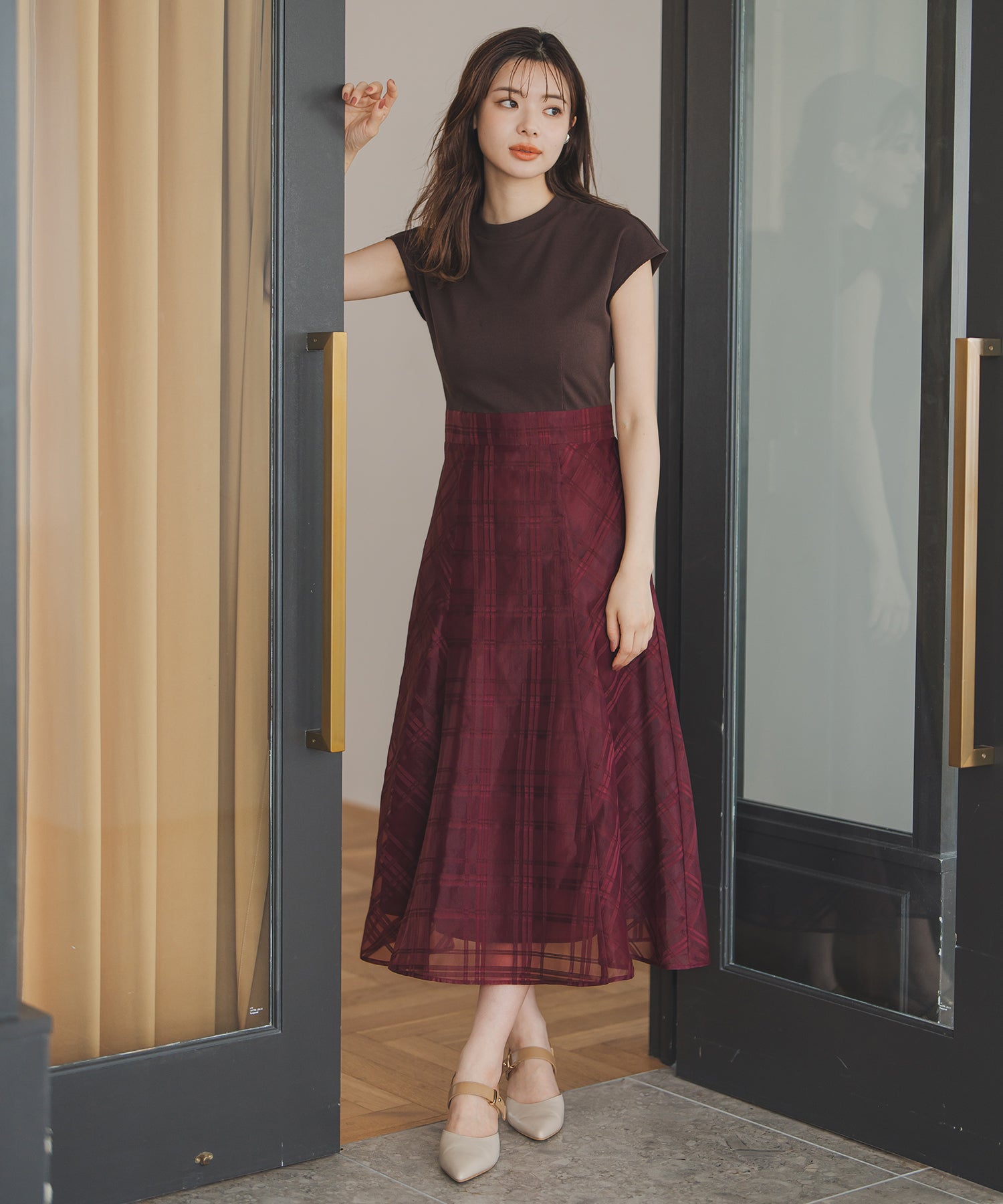 ミッシュマッシュ MISCH MASCH 2025秋冬新作 シアーチェックドッキングワンピース （RED） RED