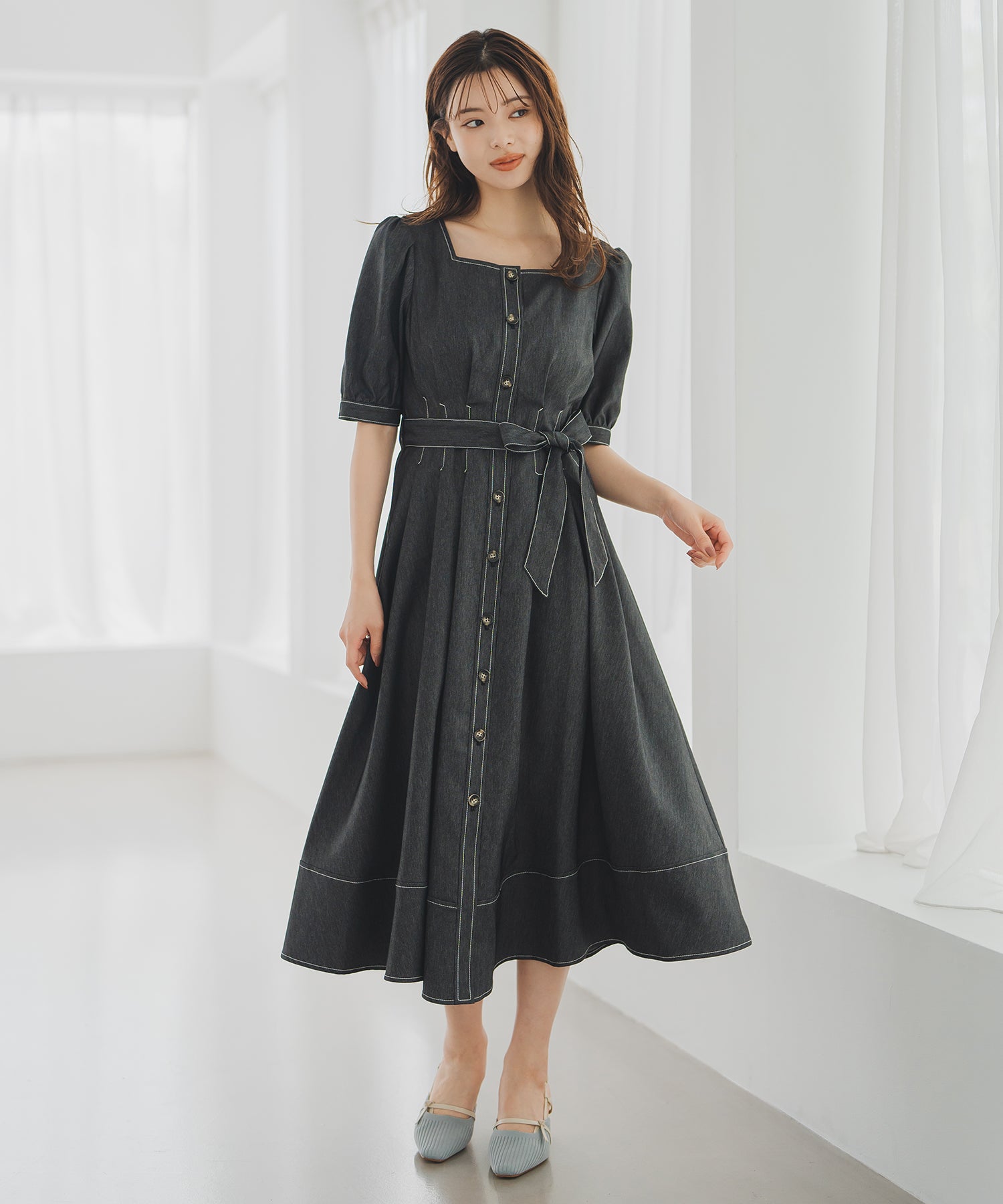 ミッシュマッシュ MISCH MASCH 2025秋冬新作 ポリデニムスクエアネックワンピース （BLACK） BLACK