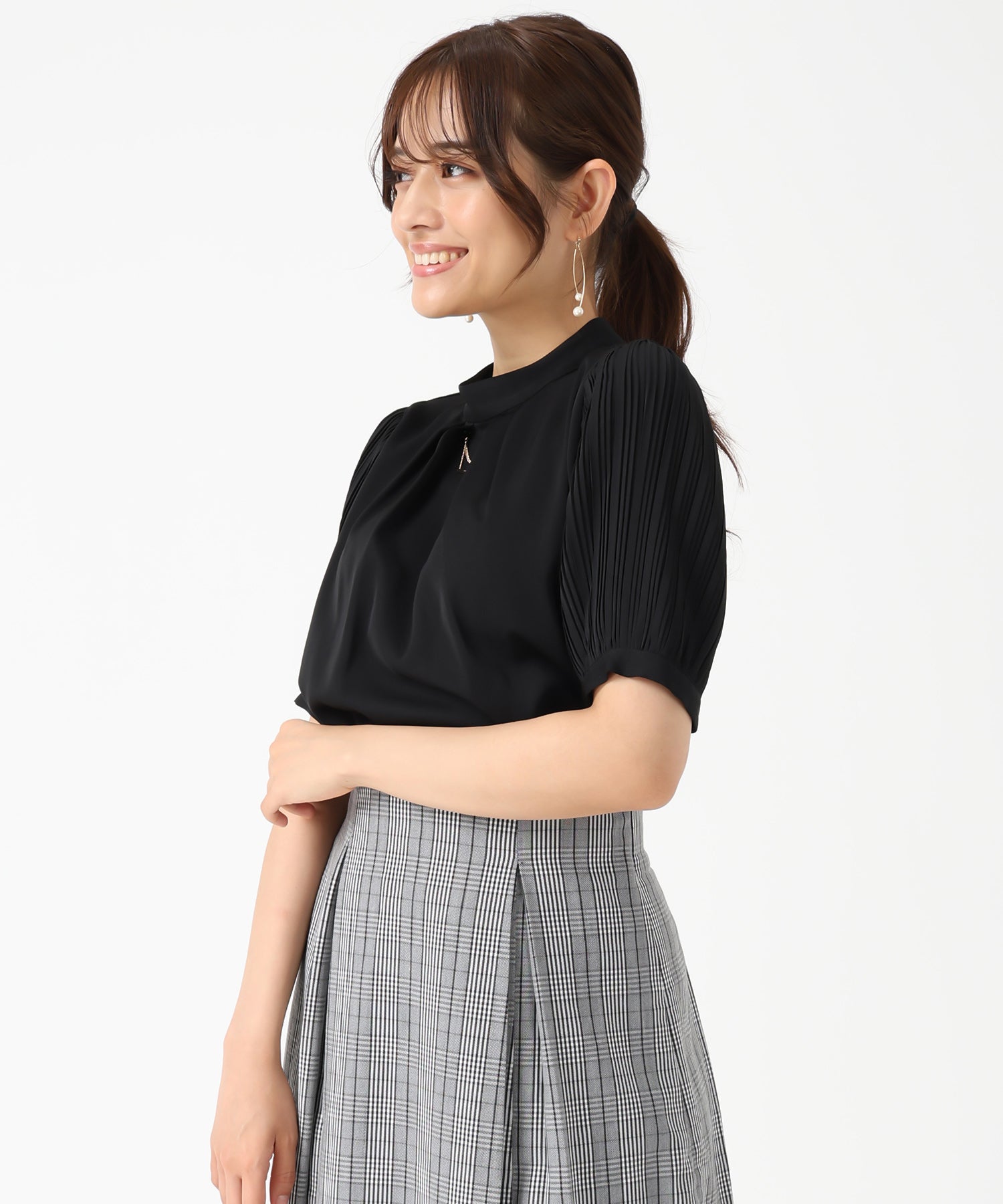 ミッシュマッシュ MISCH MASCH 2025秋冬新作 袖プリーツバー付き5分袖ブラウス （BLACK） BLACK