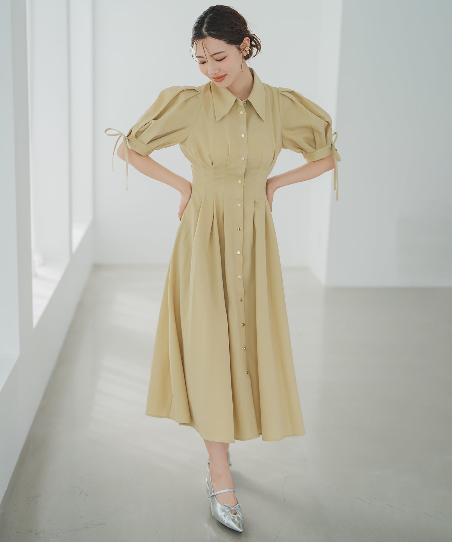 ミッシュマッシュ MISCH MASCH 2025秋冬新作 袖リボンパフスリーブシャツワンピース （YELLOW） YELLOW